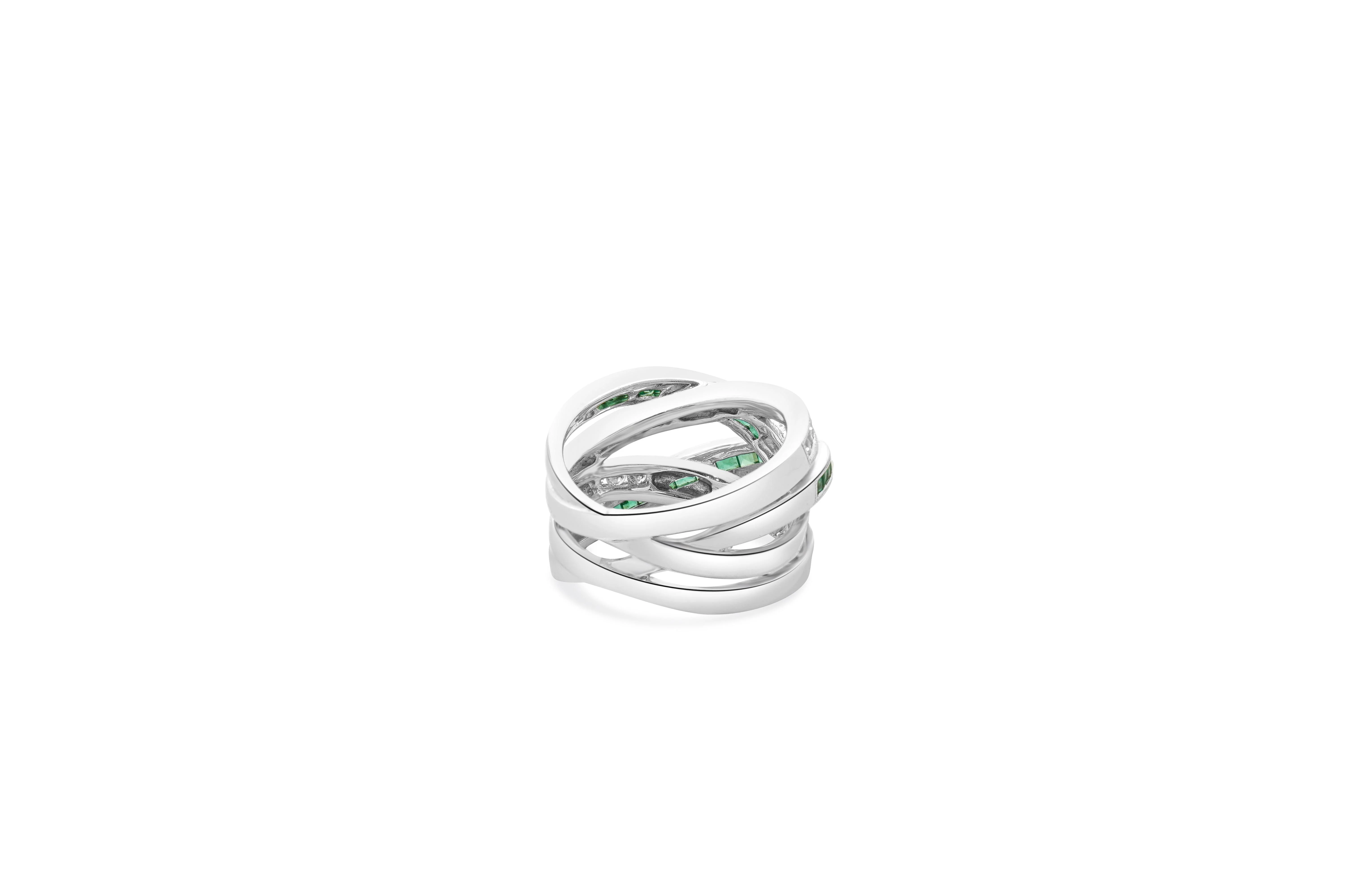 14 Karat White Gold Emerald and Diamond Double Bypass Ring - Image 4