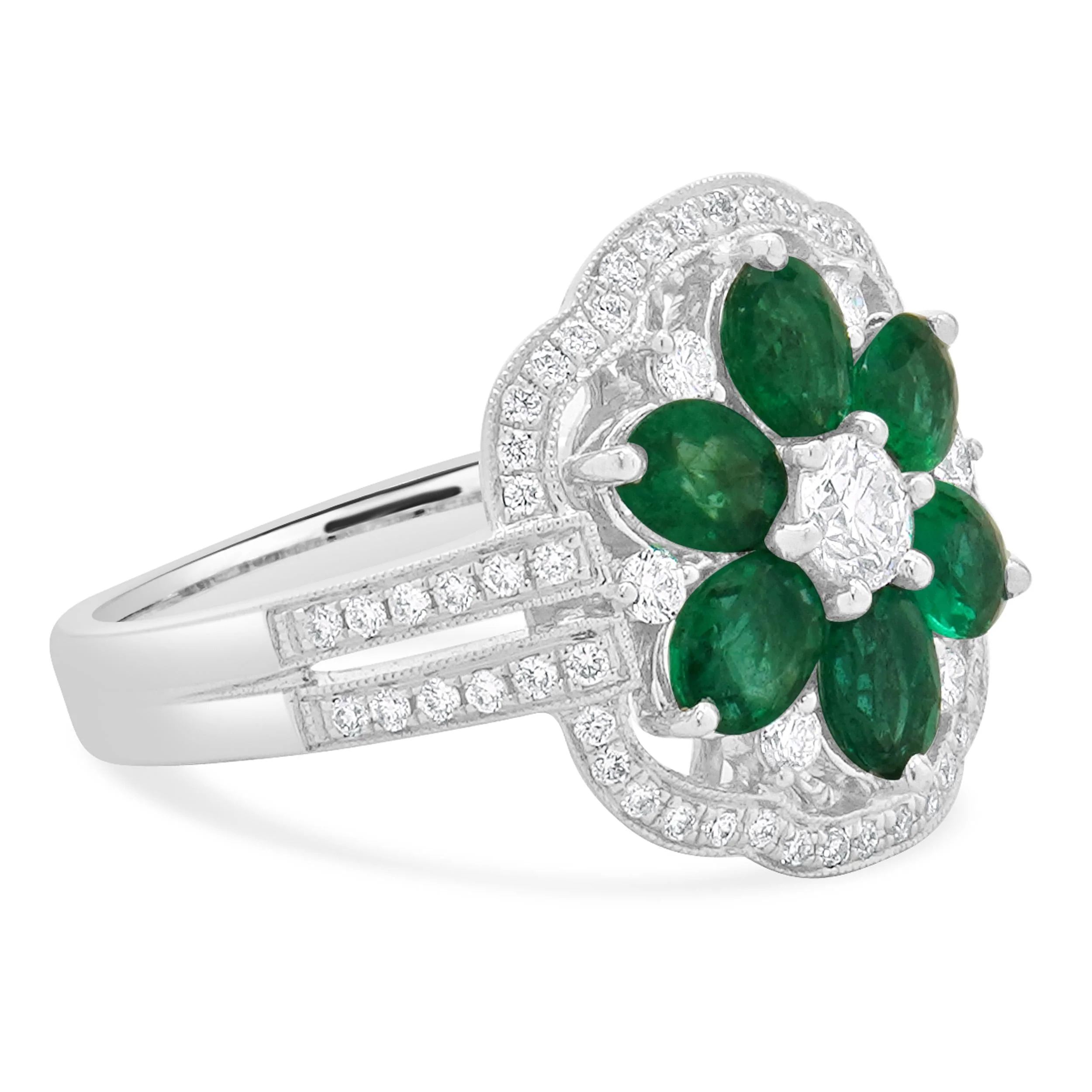14 Karat White Gold Emerald and Diamond Flower Ring - Image 3