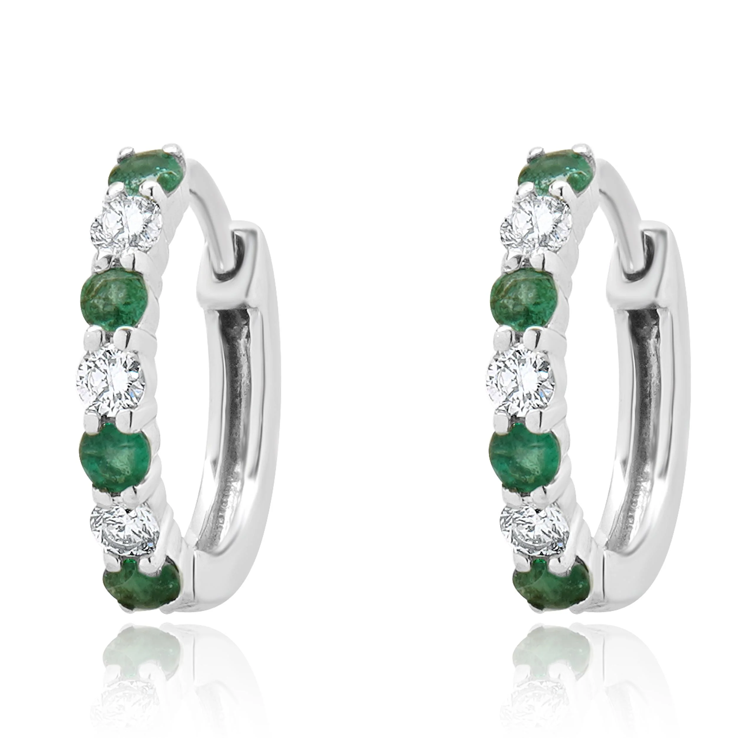 14 Karat White Gold Emerald and Diamond Huggie Hoop Earrings