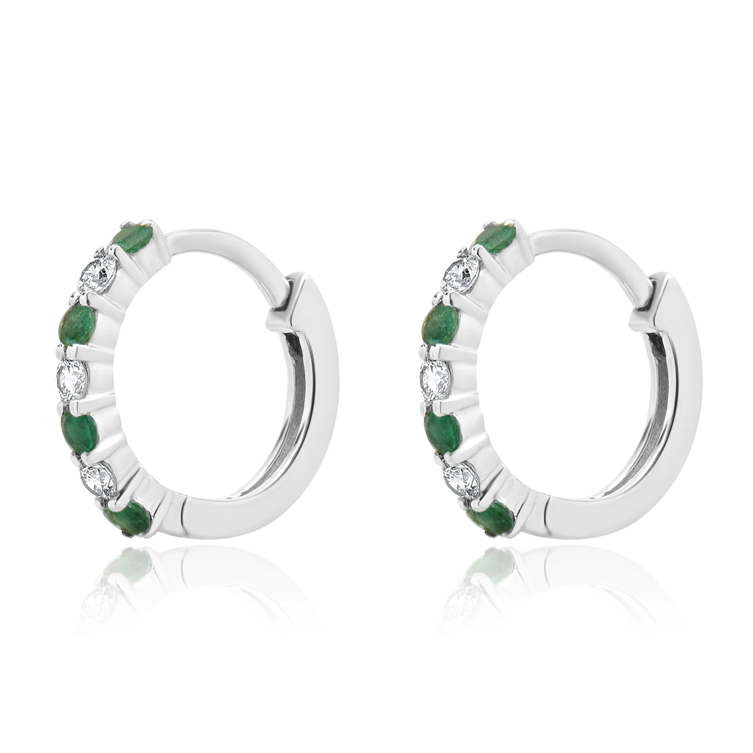 14 Karat White Gold Emerald and Diamond Huggie Hoop Earrings - Image 2