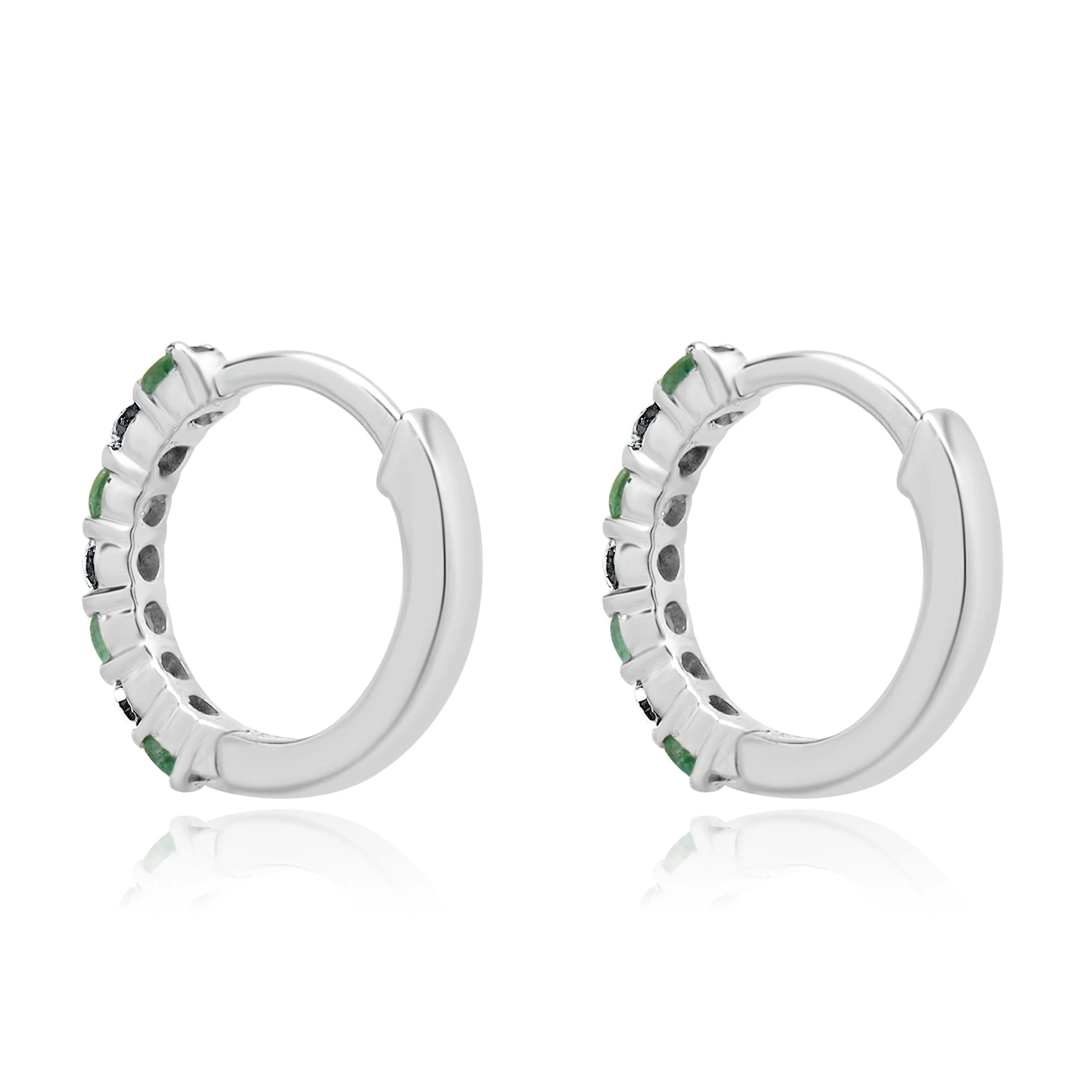 14 Karat White Gold Emerald and Diamond Huggie Hoop Earrings - Image 3