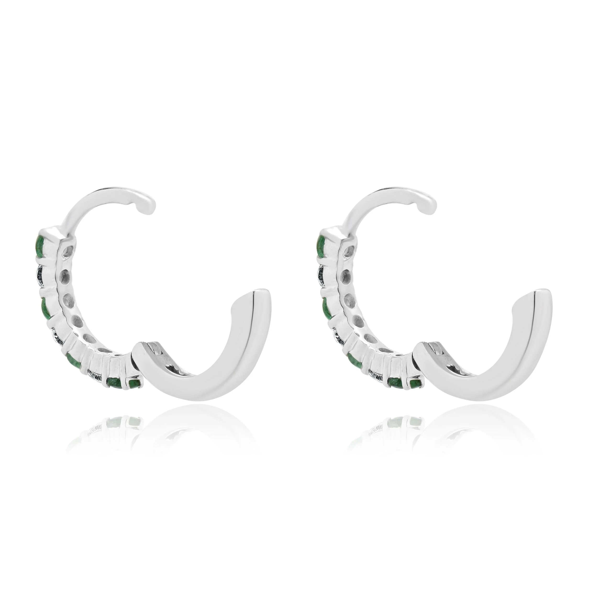 14 Karat White Gold Emerald and Diamond Huggie Hoop Earrings - Image 4