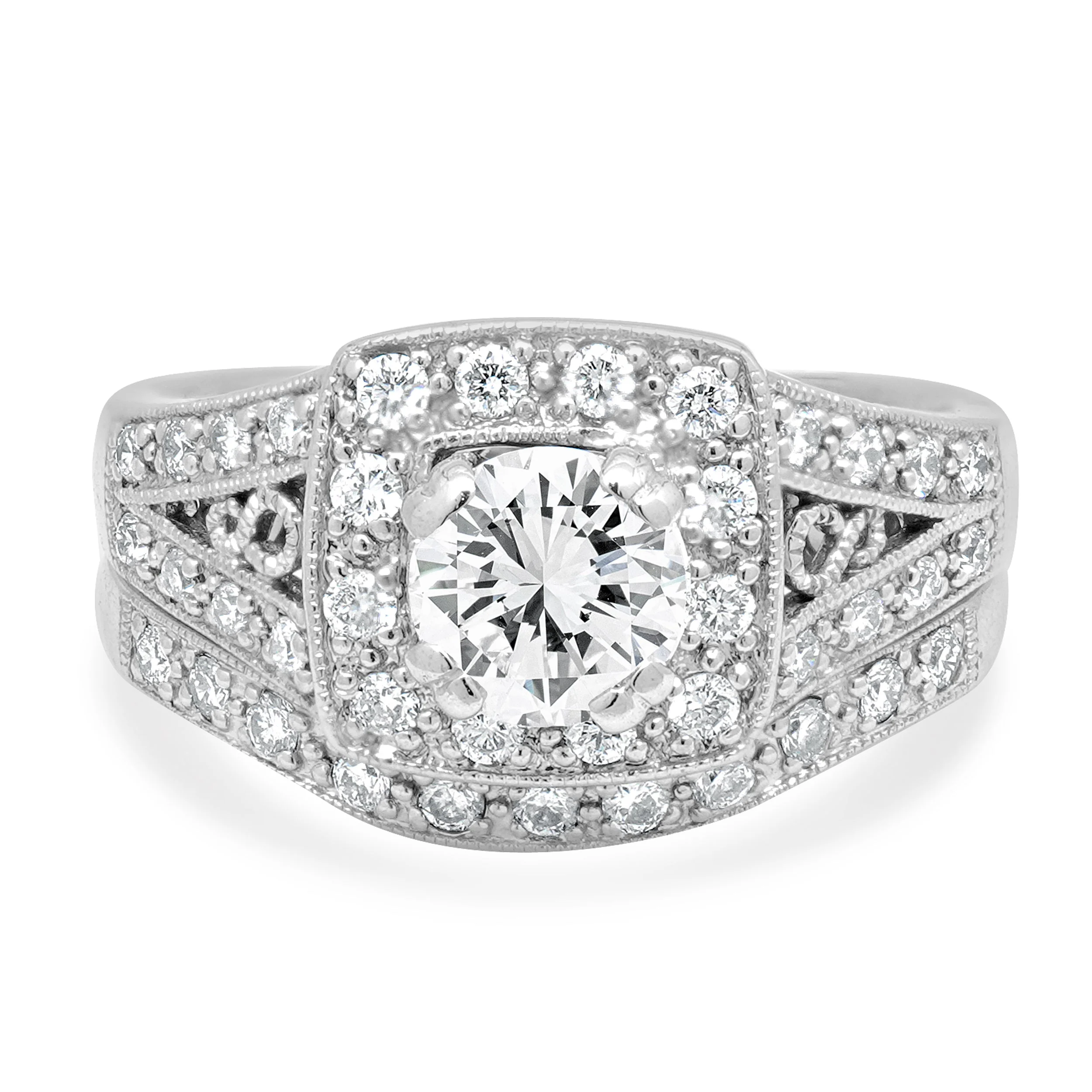 14 Karat White Gold IGI Certified Round Brilliant Cut Diamond Halo Wedding Set