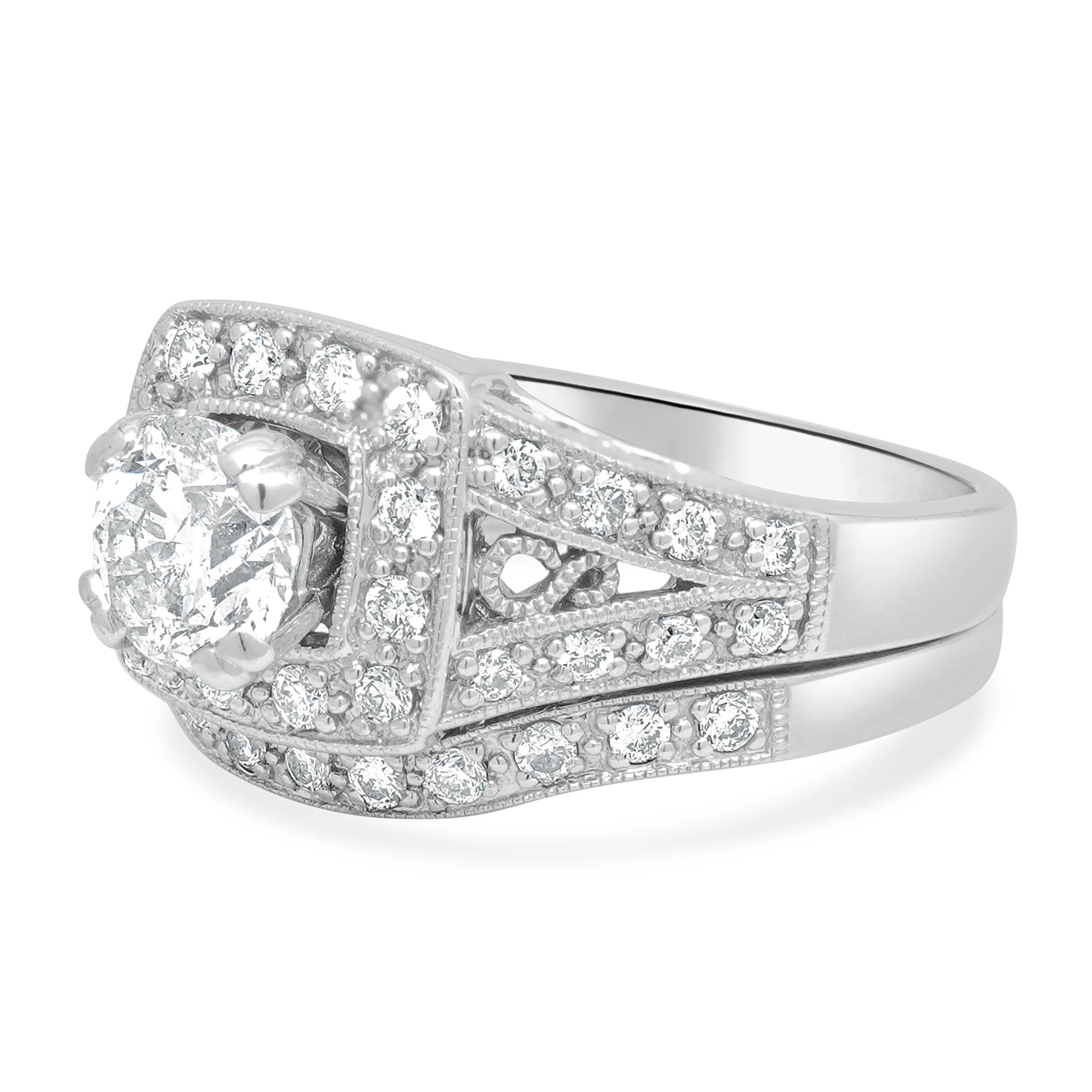 14 Karat White Gold IGI Certified Round Brilliant Cut Diamond Halo Wedding Set - Image 2