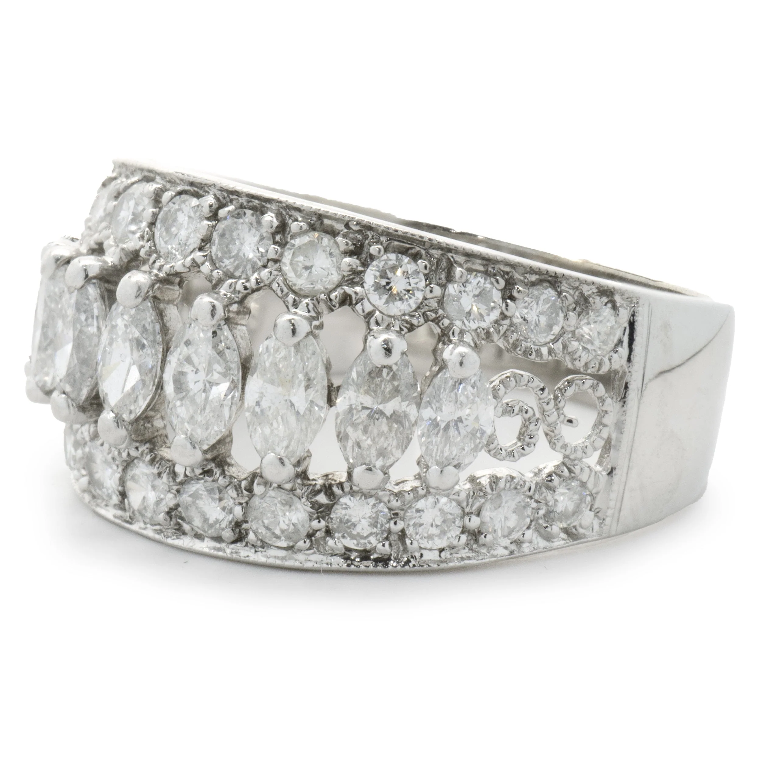 14 Karat White Gold Marquise Cut Three Row Diamond Cigar Band - Image 2