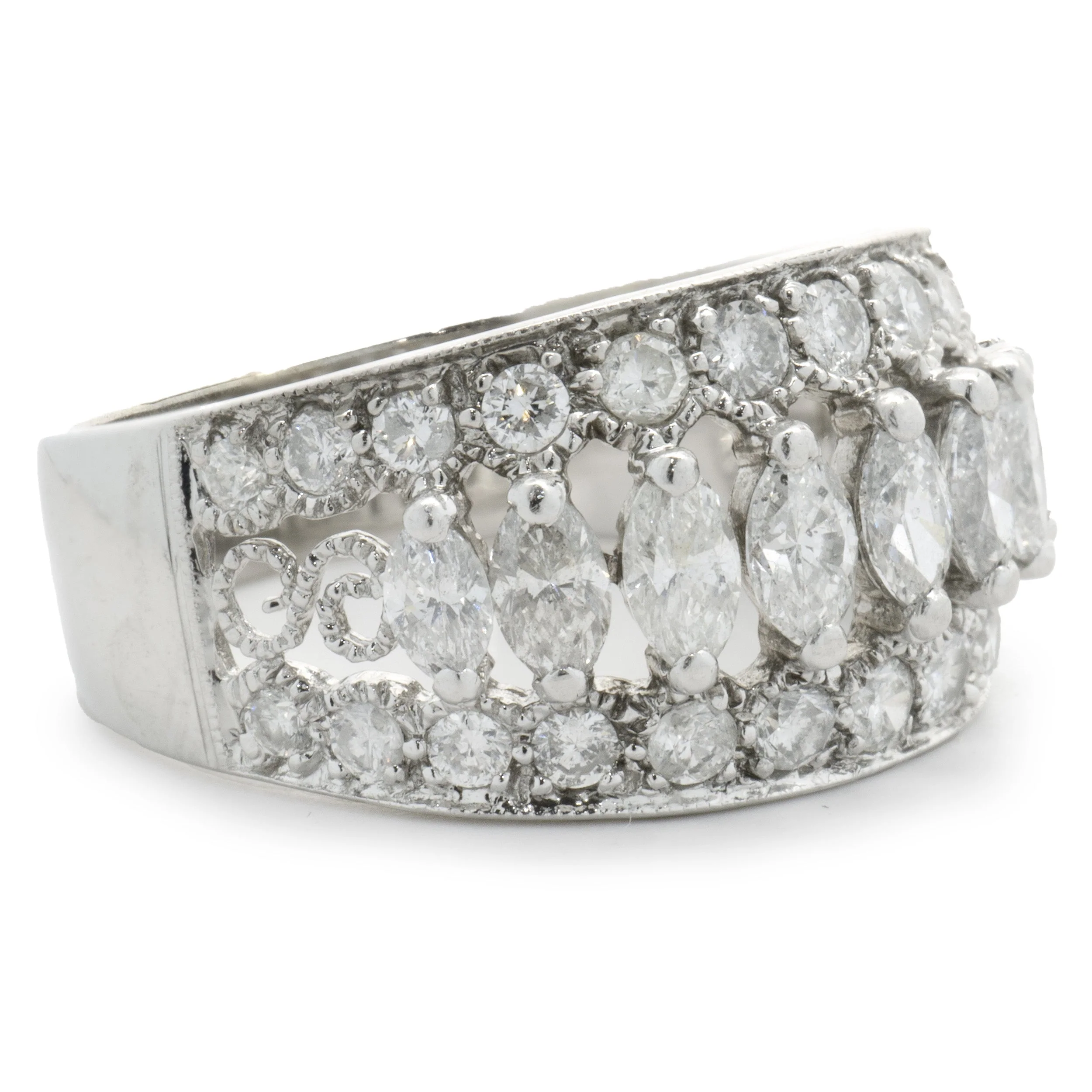 14 Karat White Gold Marquise Cut Three Row Diamond Cigar Band - Image 4