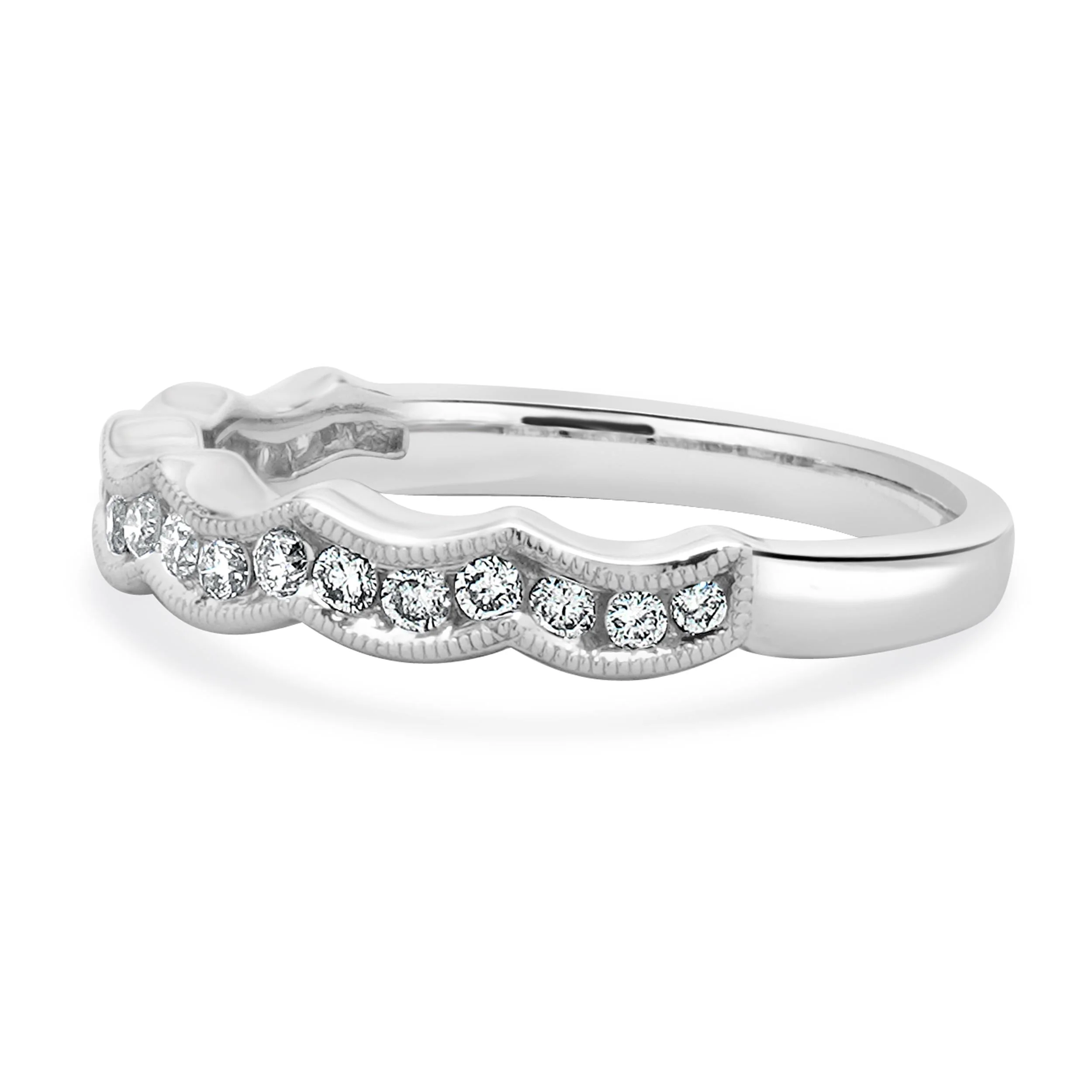 14 Karat White Gold Milgrain Scalloped Diamond Band - Image 3