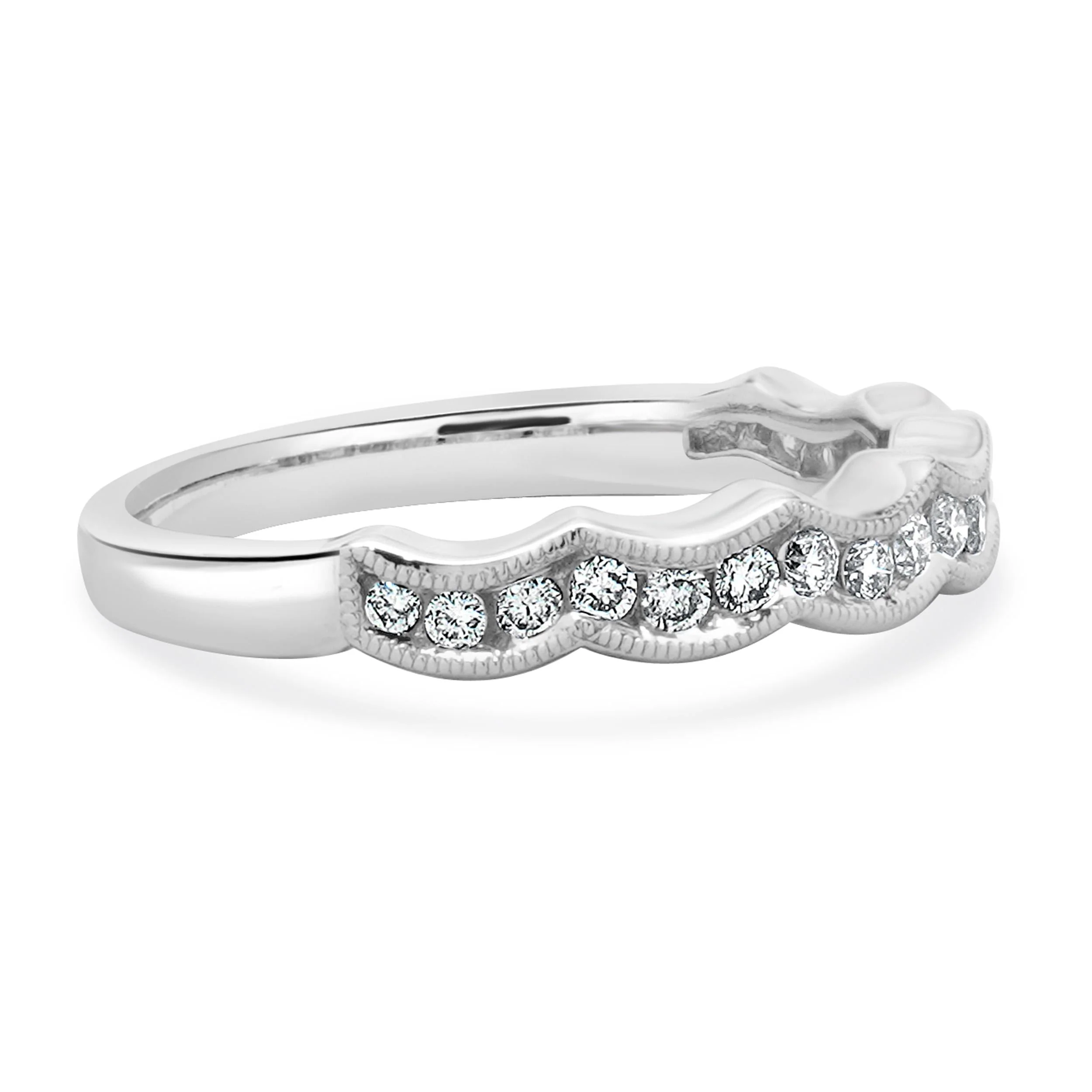 14 Karat White Gold Milgrain Scalloped Diamond Band - Image 4