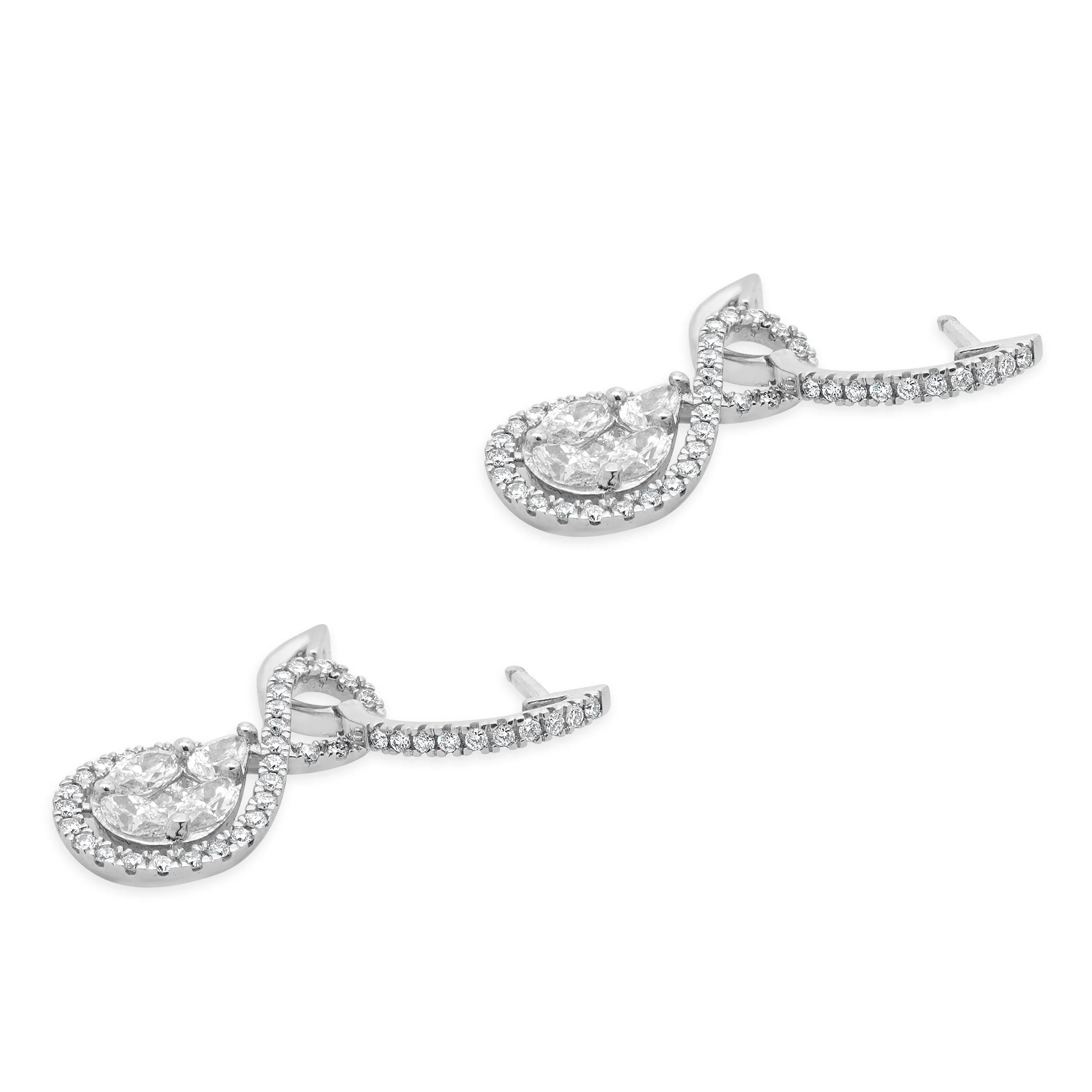 14 Karat White Gold Mosaic Set Diamond Pear Shape Drop Earrings - Image 4