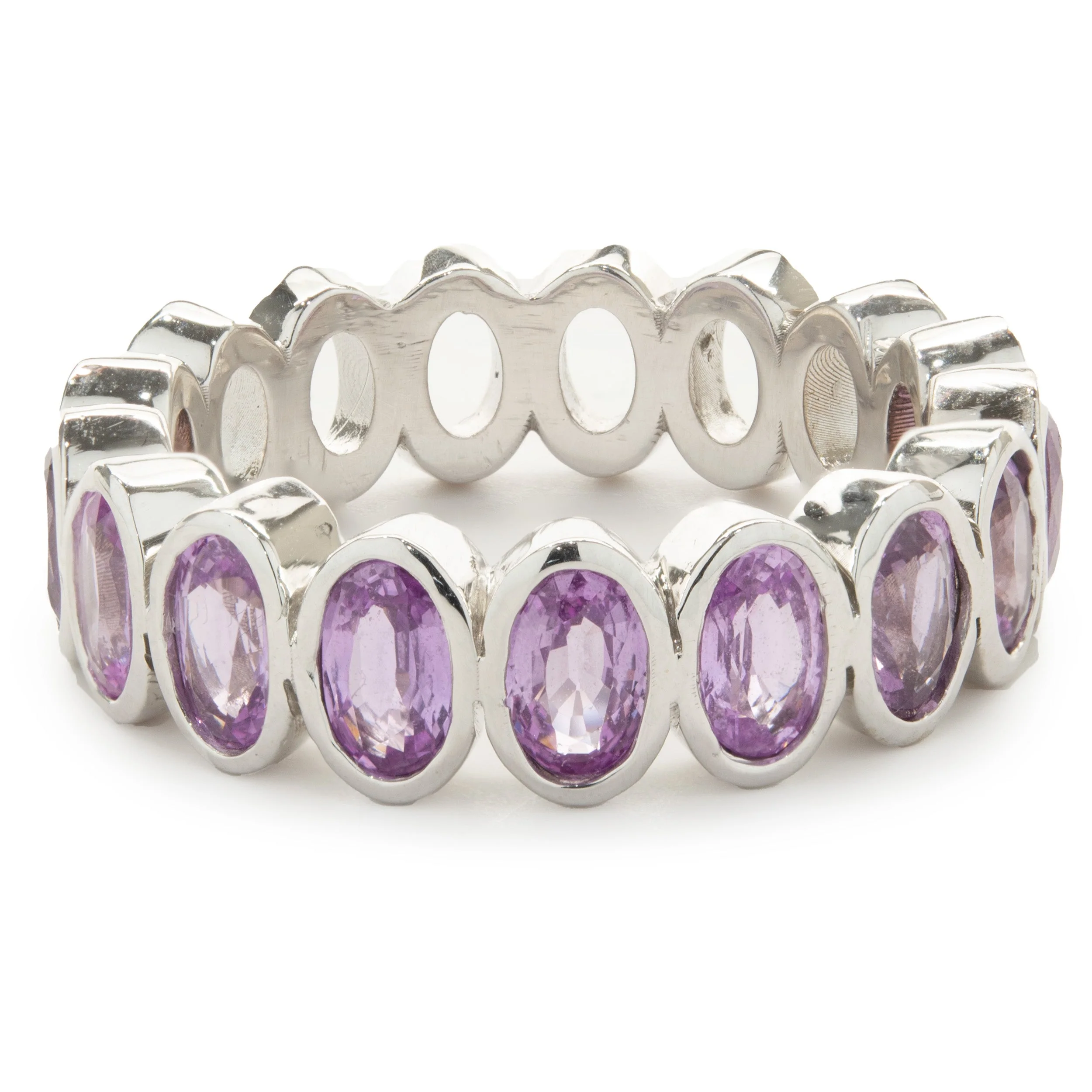 14 Karat White Gold Oval Bezel Set Pink Sapphire Band
