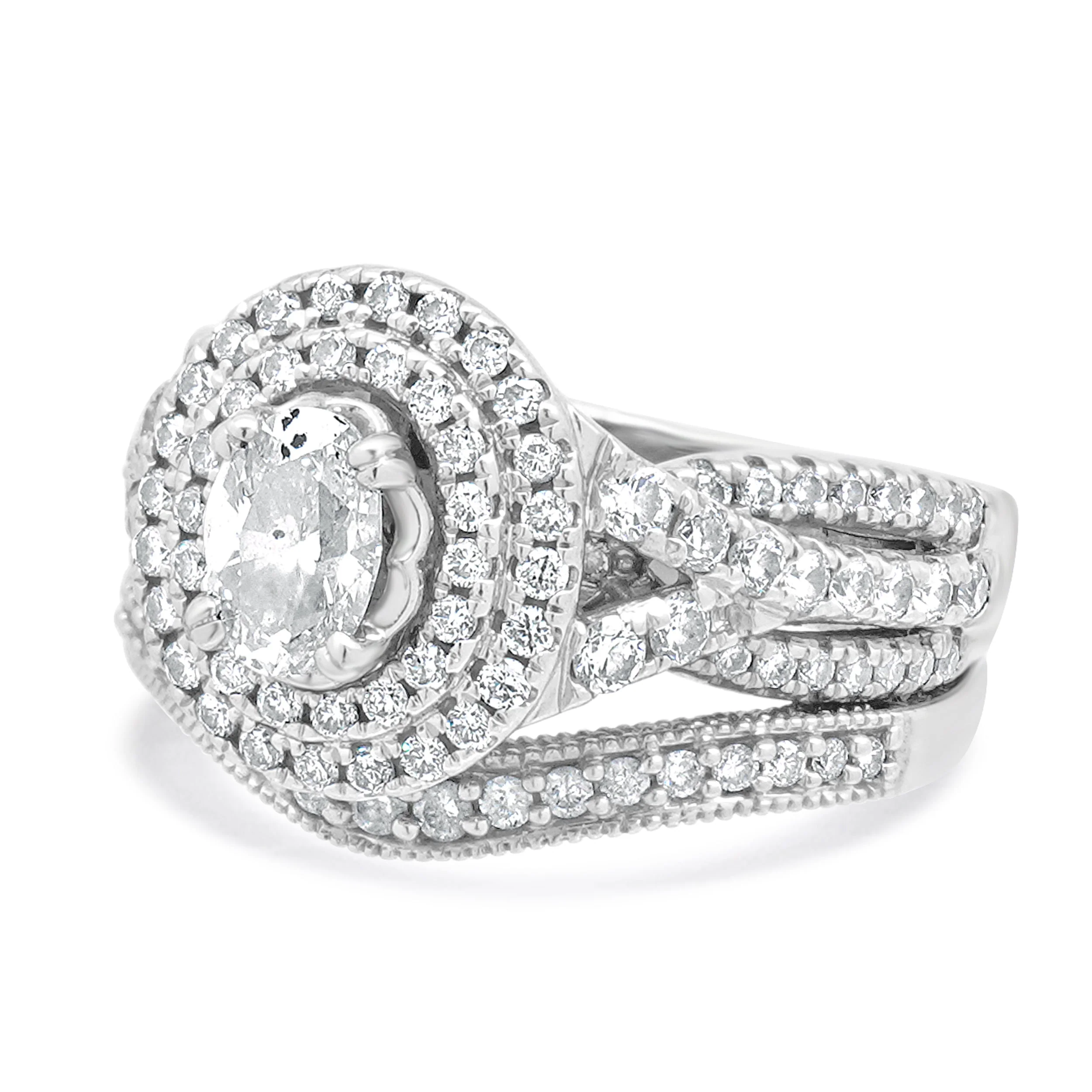 14 Karat White Gold Oval Diamond Double Halo w/Milgrain Wedding Set - Image 2
