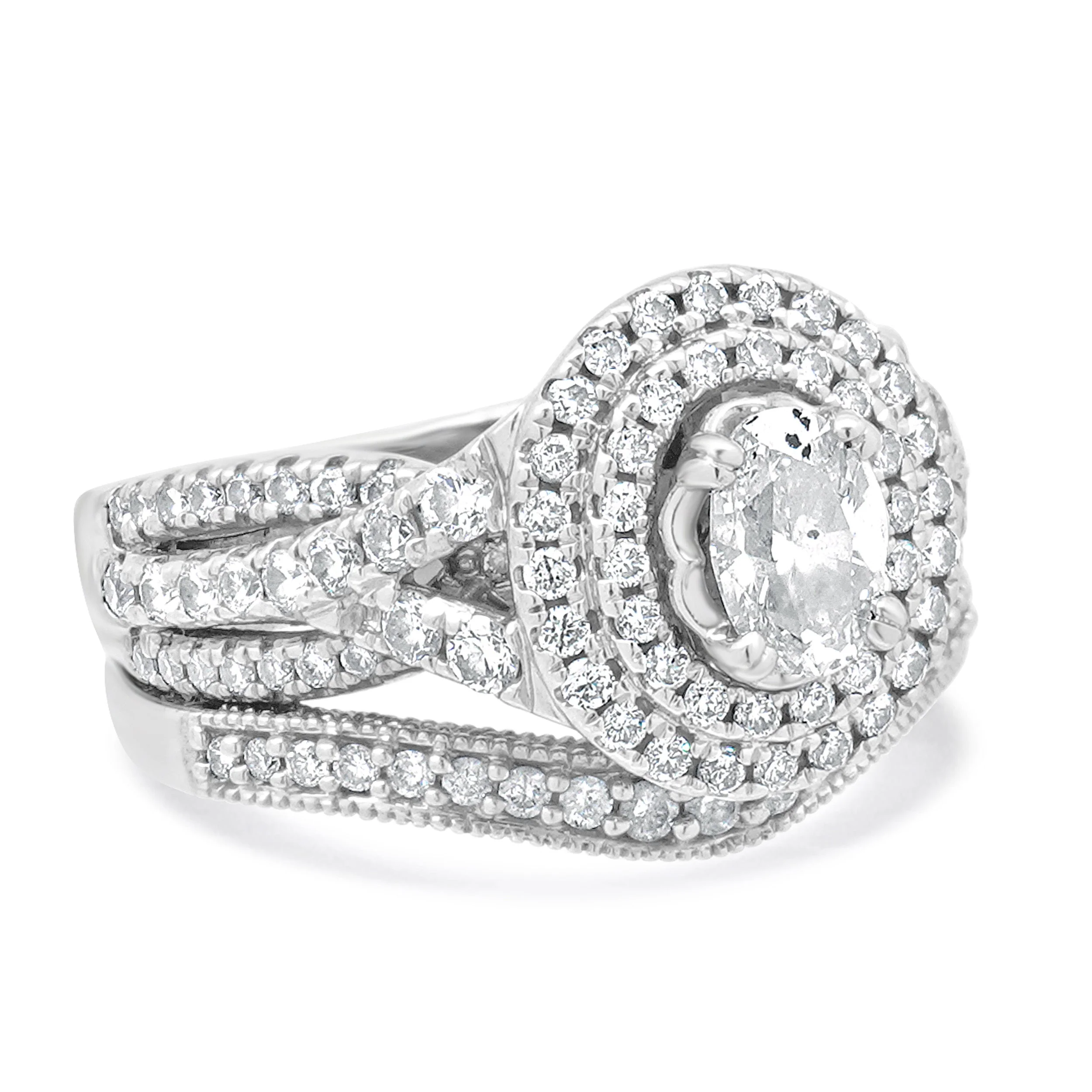 14 Karat White Gold Oval Diamond Double Halo w/Milgrain Wedding Set - Image 4