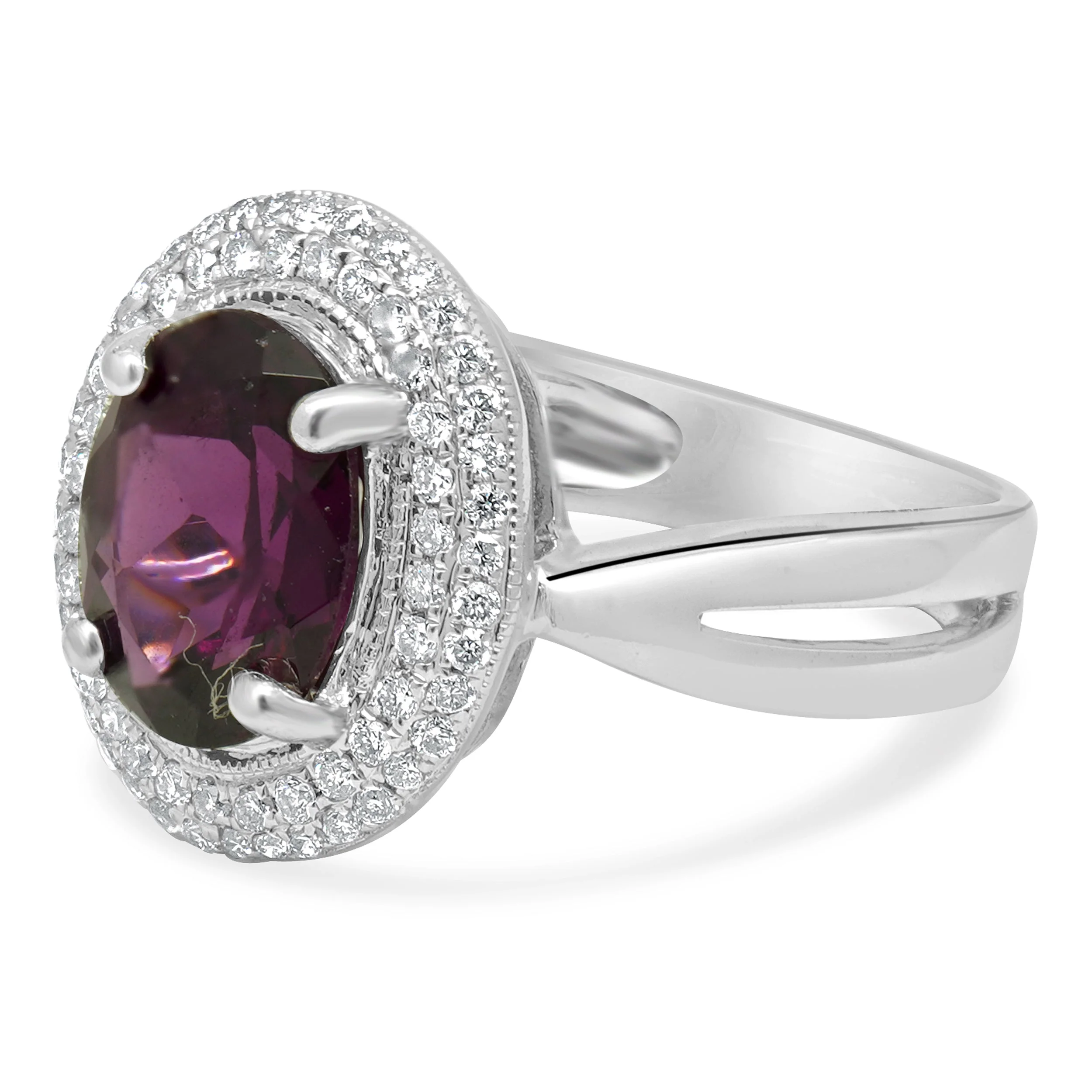 14 Karat White Gold Oval Rhodolite Garnet and Round Diamond Halo Ring - Image 2