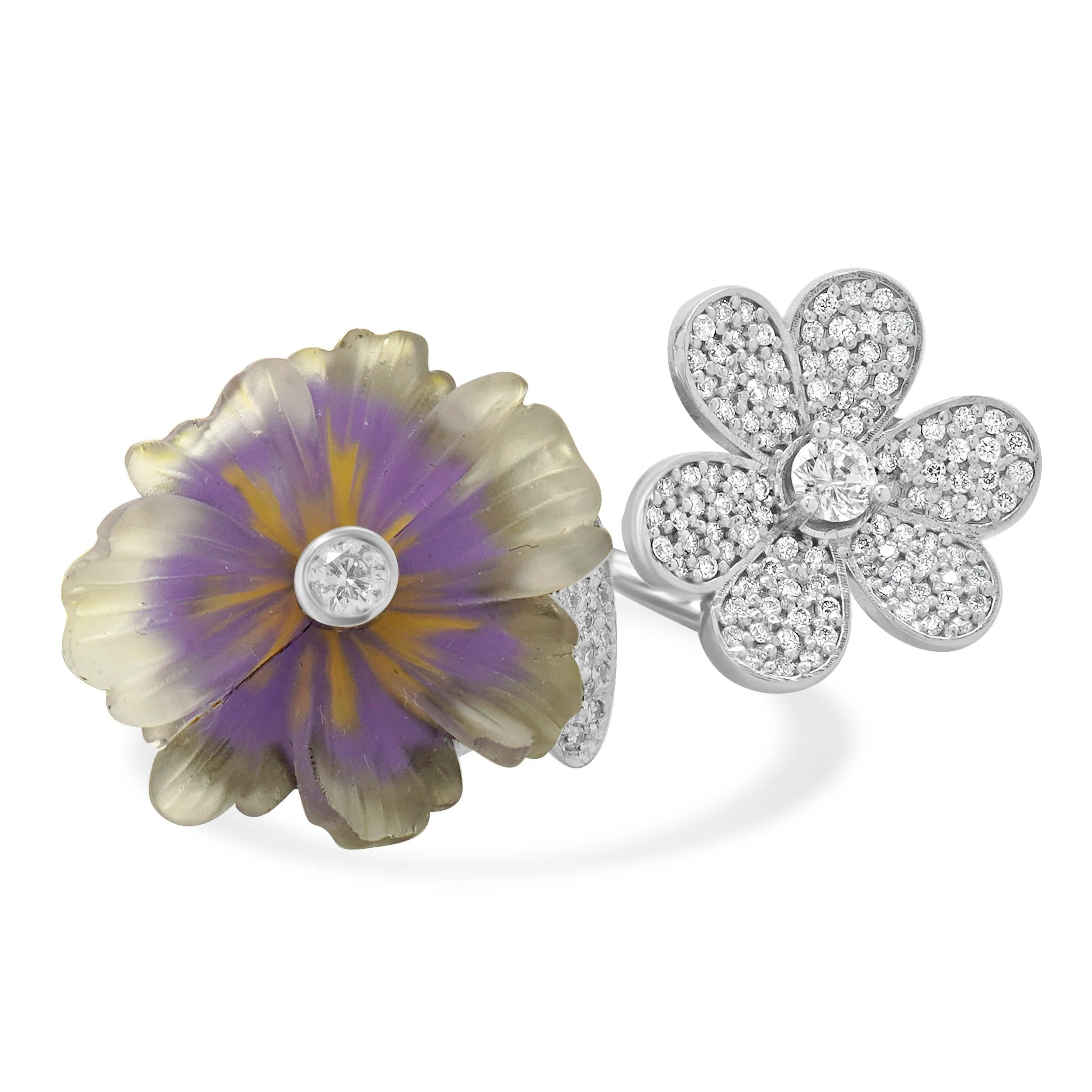 14 Karat White Gold Pave Diamond and Quartz Double Flower Ring
