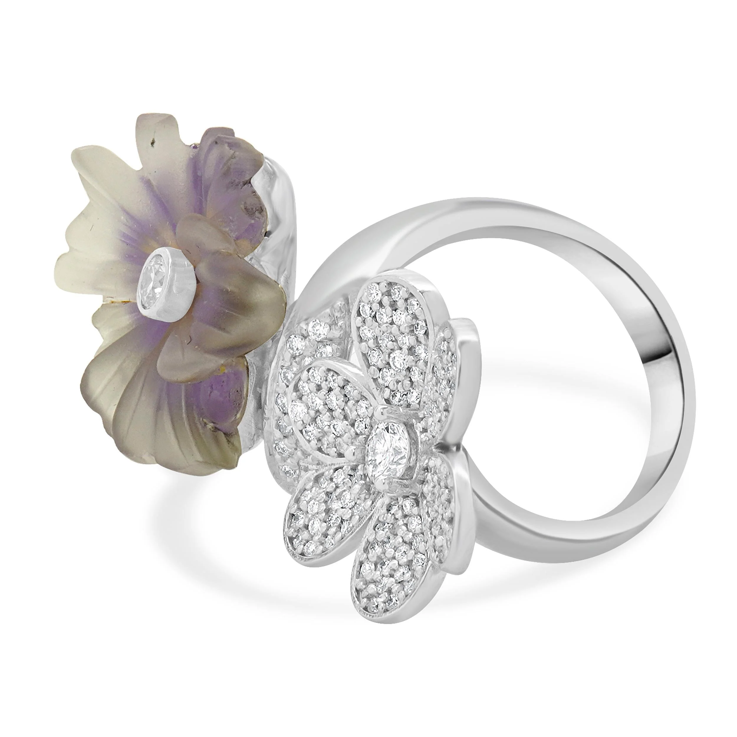 14 Karat White Gold Pave Diamond and Quartz Double Flower Ring - Image 2