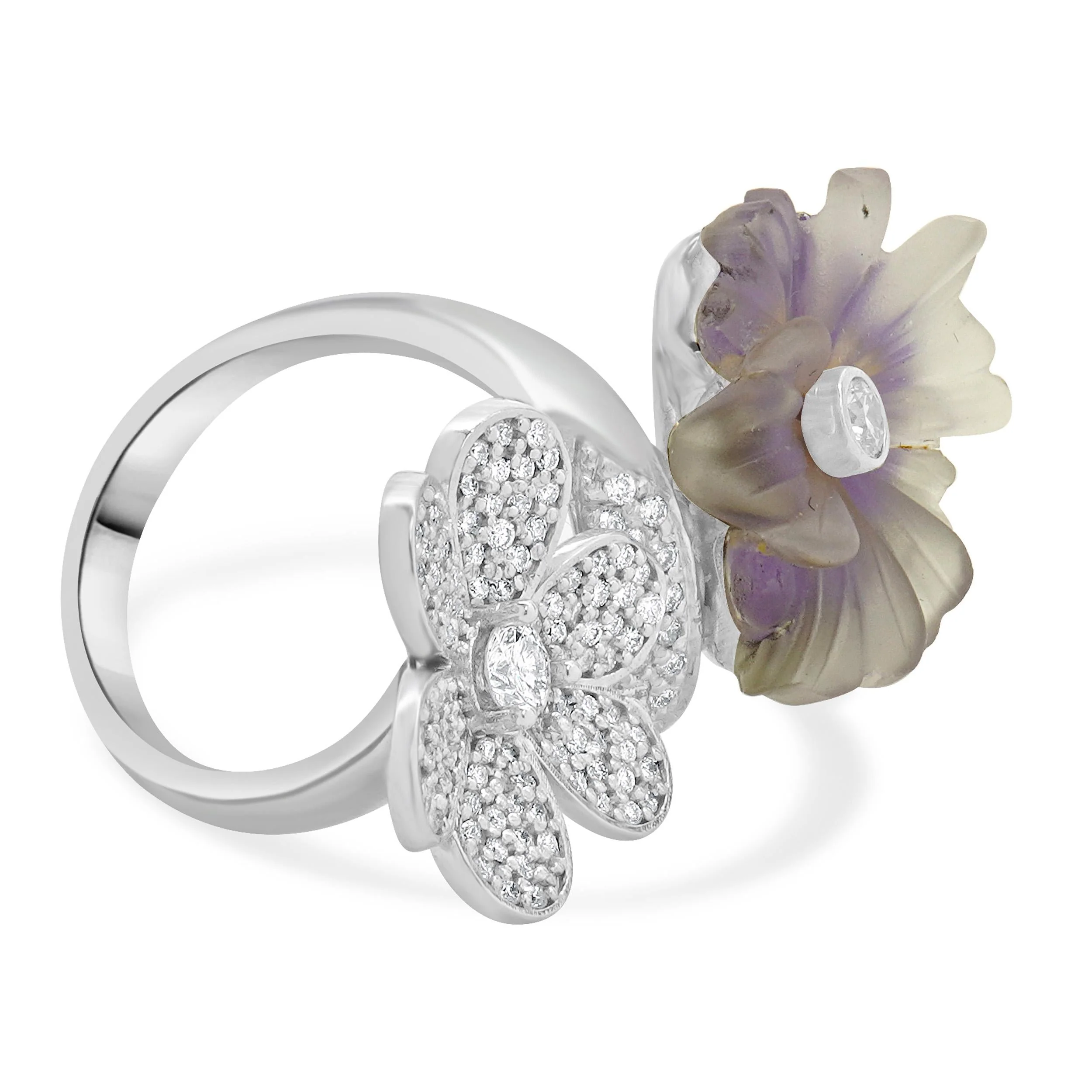 14 Karat White Gold Pave Diamond and Quartz Double Flower Ring - Image 4
