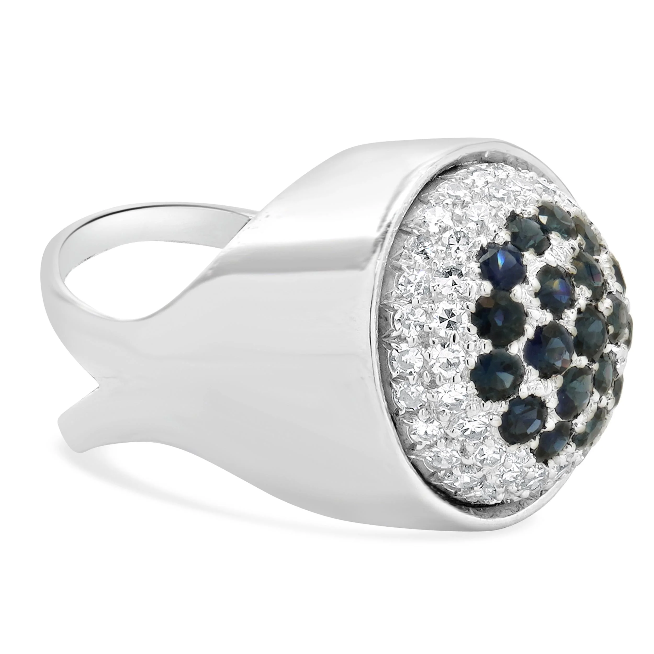 14 Karat White Gold Pave Diamond and Sapphire Dome Ring