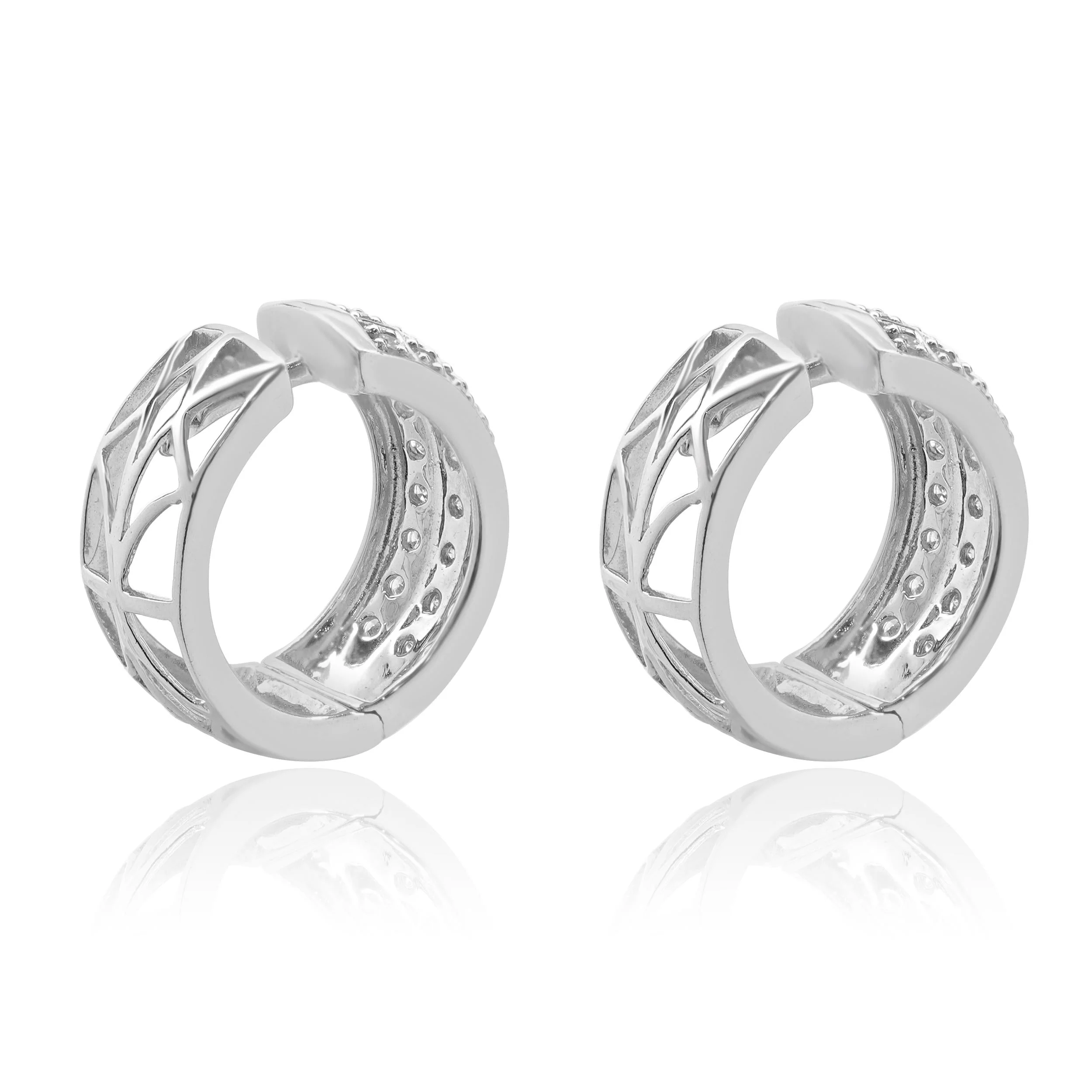 14 Karat White Gold Pave Diamond Huggie Hoop Earrings - Image 3
