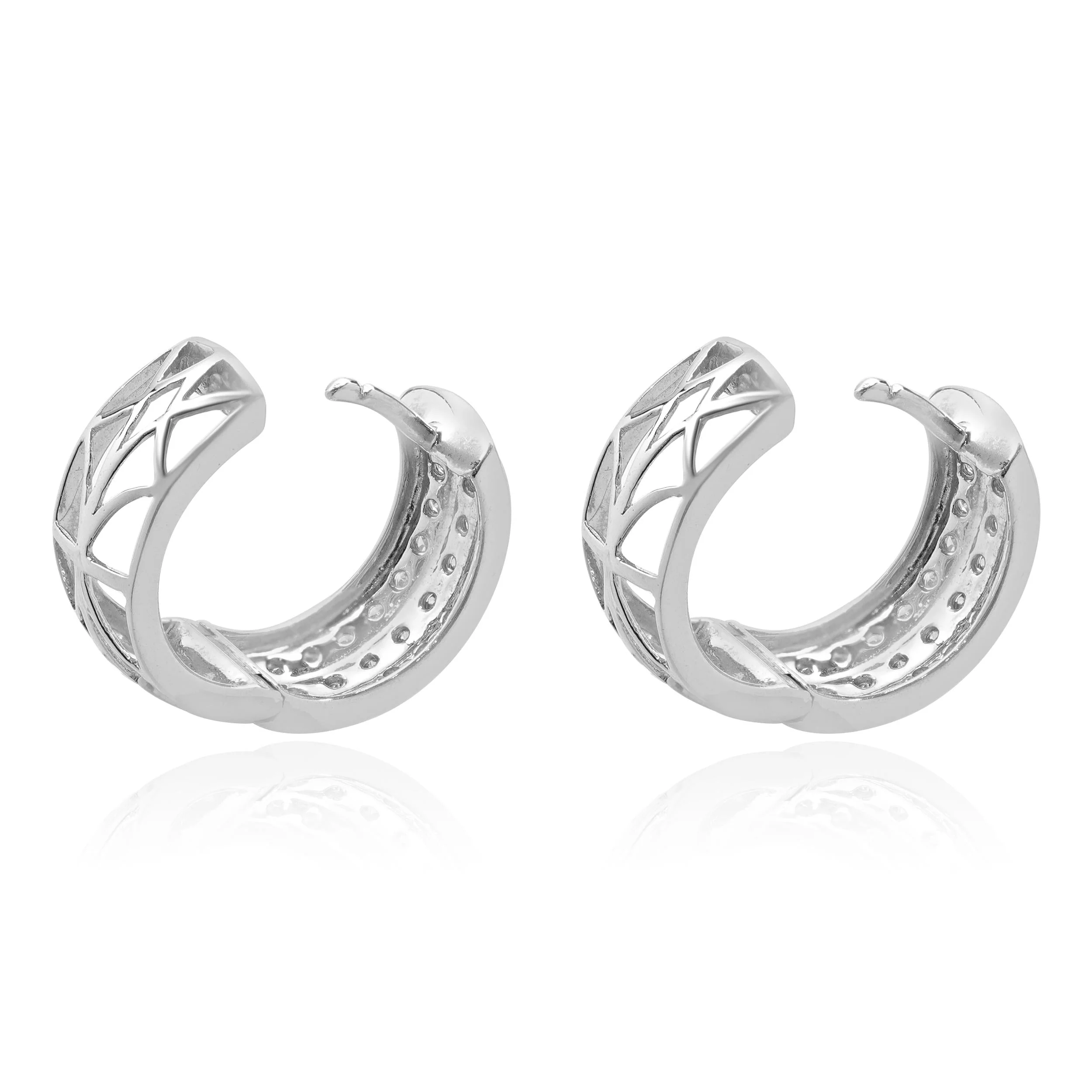 14 Karat White Gold Pave Diamond Huggie Hoop Earrings - Image 4