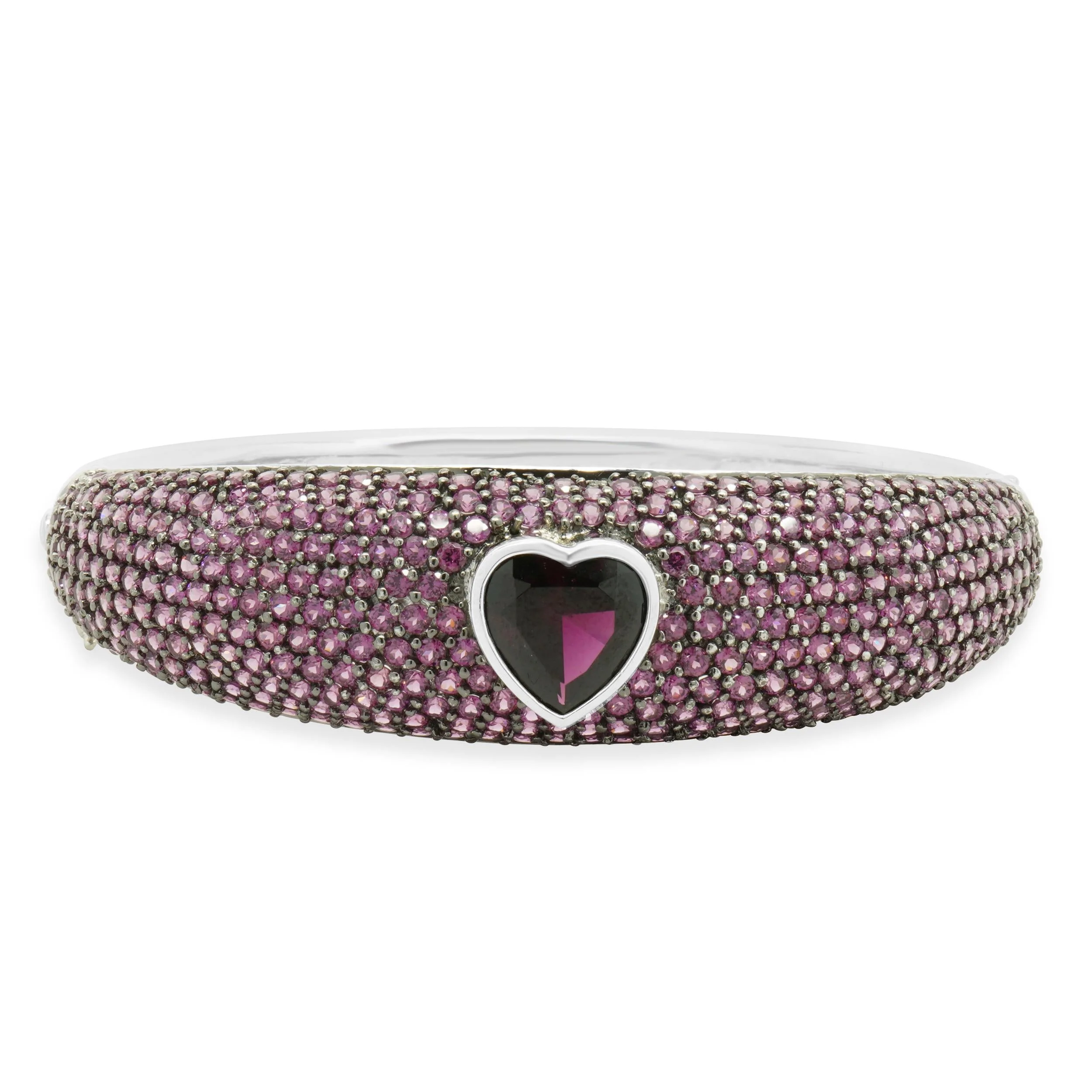 14 Karat White Gold Pave Grape Garnet Heart Bangle Bracelet