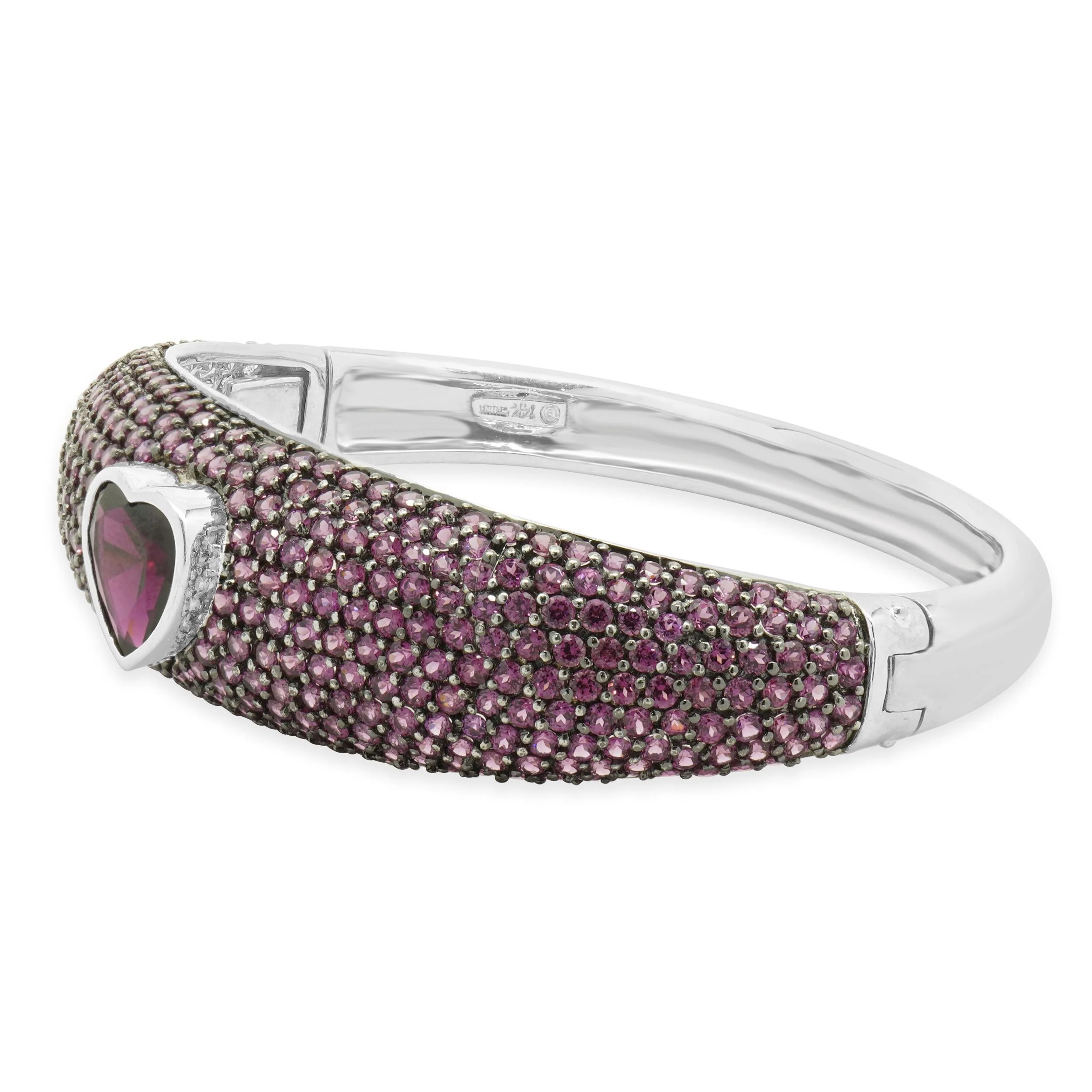 14 Karat White Gold Pave Grape Garnet Heart Bangle Bracelet - Image 2