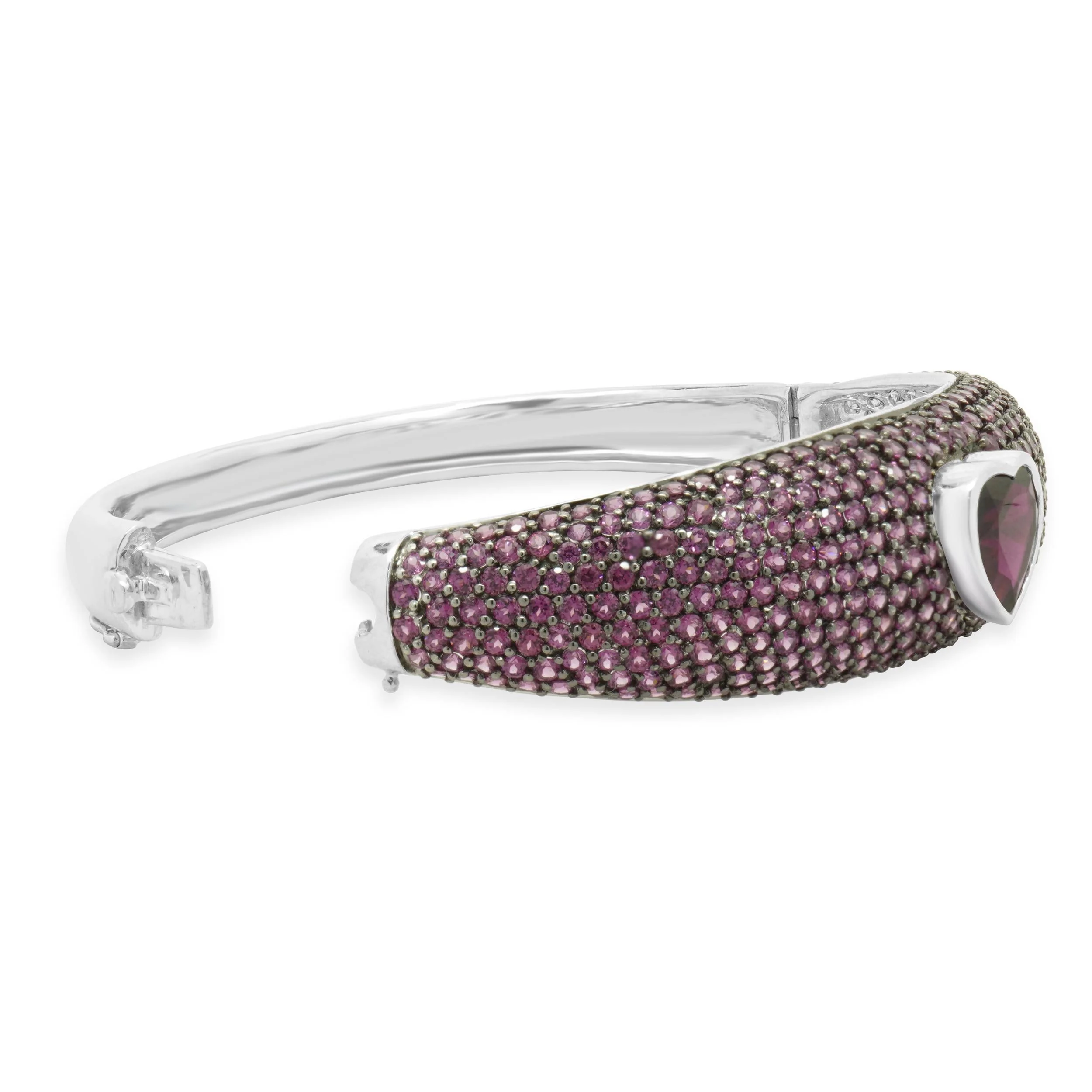 14 Karat White Gold Pave Grape Garnet Heart Bangle Bracelet - Image 4