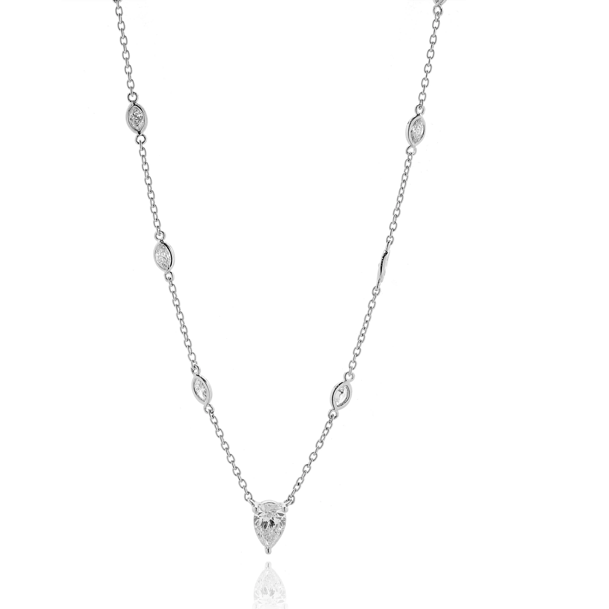 14 Karat White Gold Pear and Marquise Diamond Station Necklace