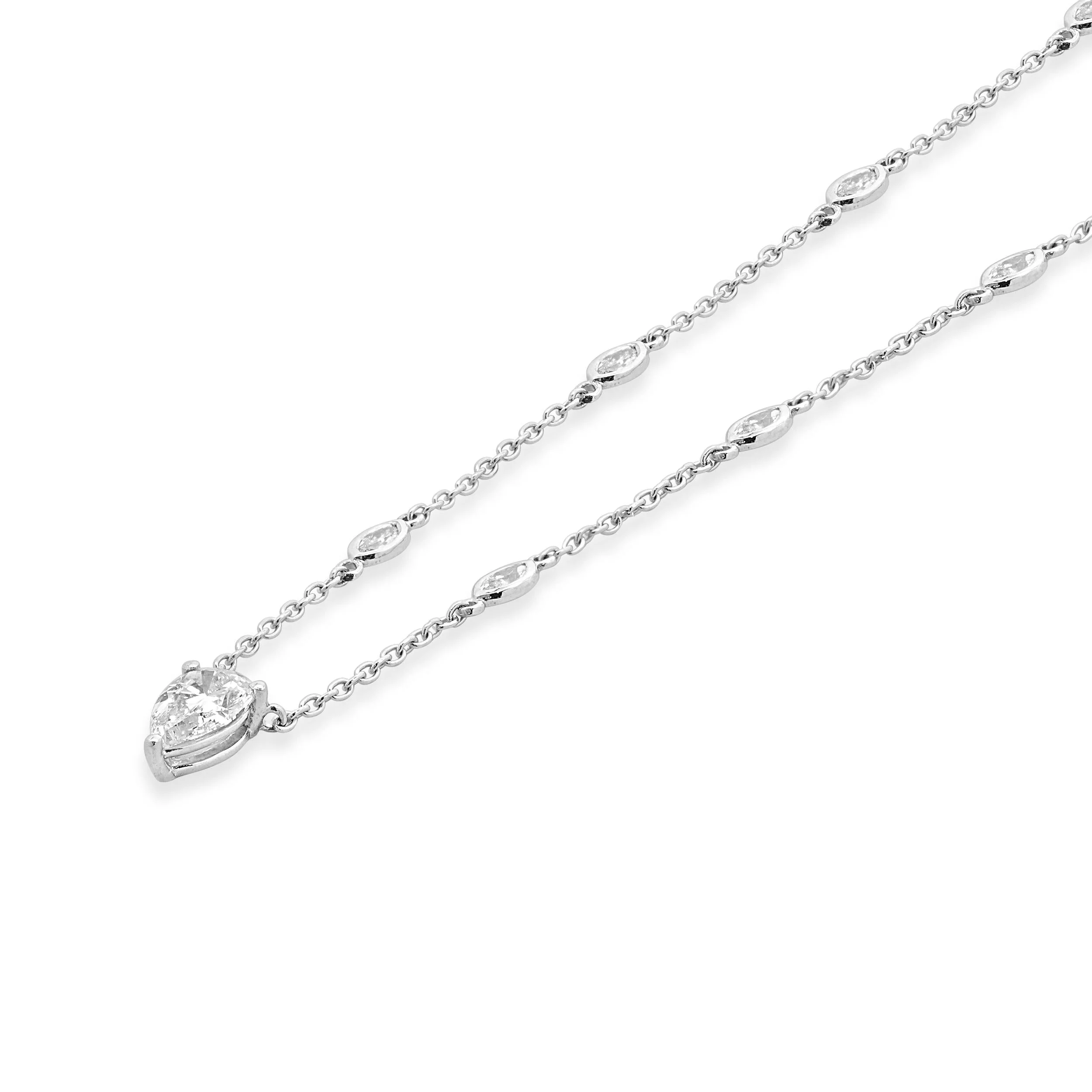 14 Karat White Gold Pear and Marquise Diamond Station Necklace - Image 2