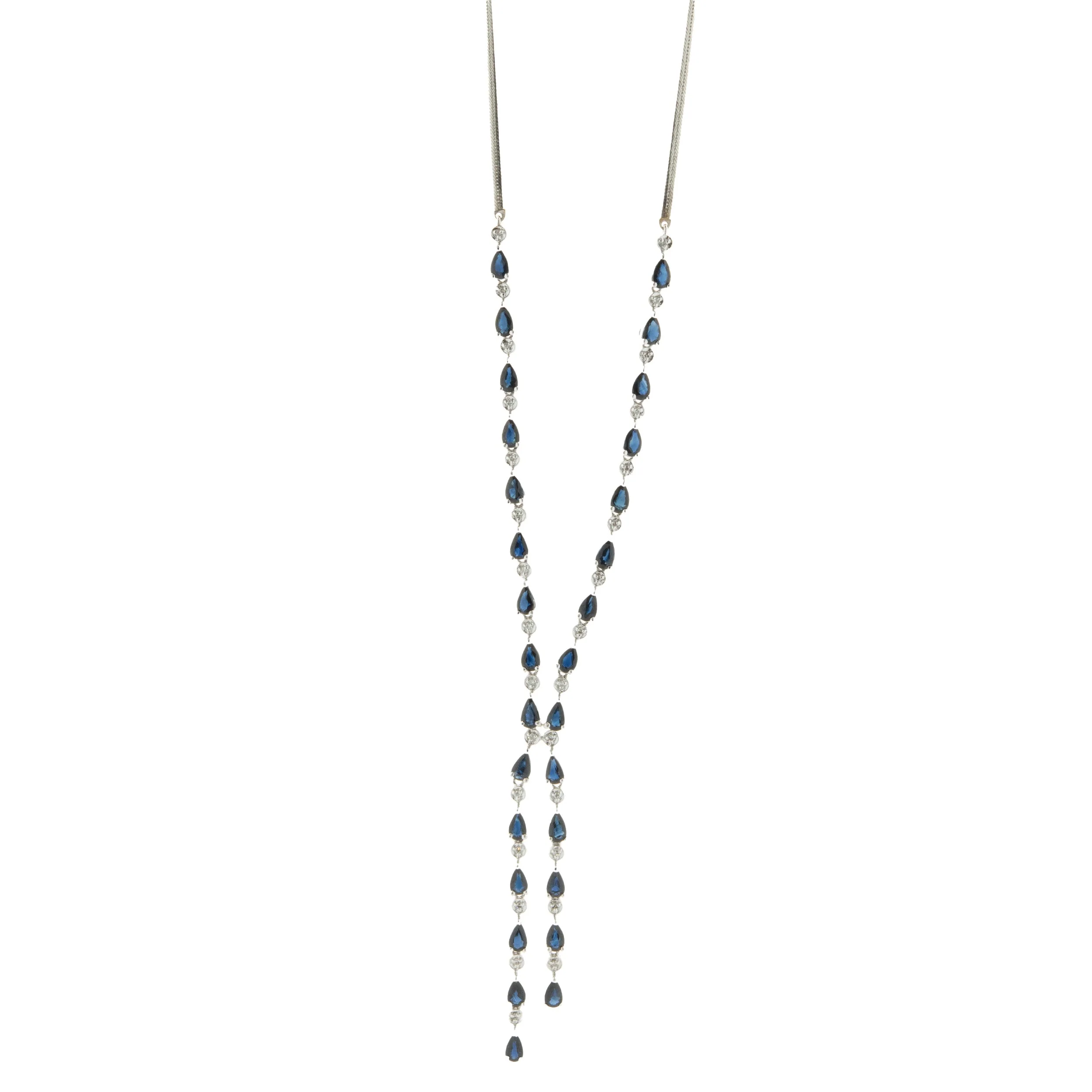 14 Karat White Gold Pear Shape Sapphire and Diamond Lariat Necklace
