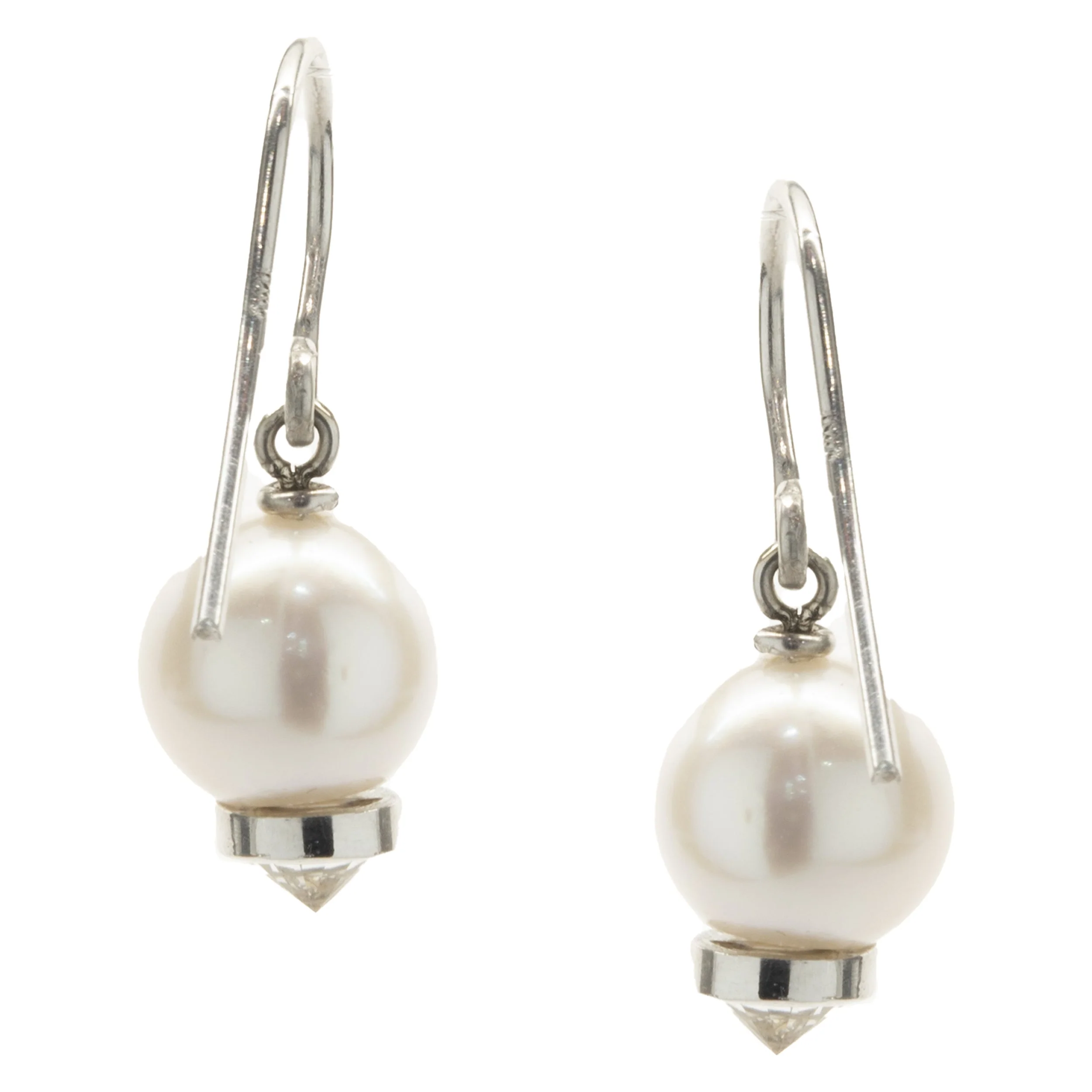 14 Karat White Gold Pearl and Diamond Capped Drop Earrings - Image 2