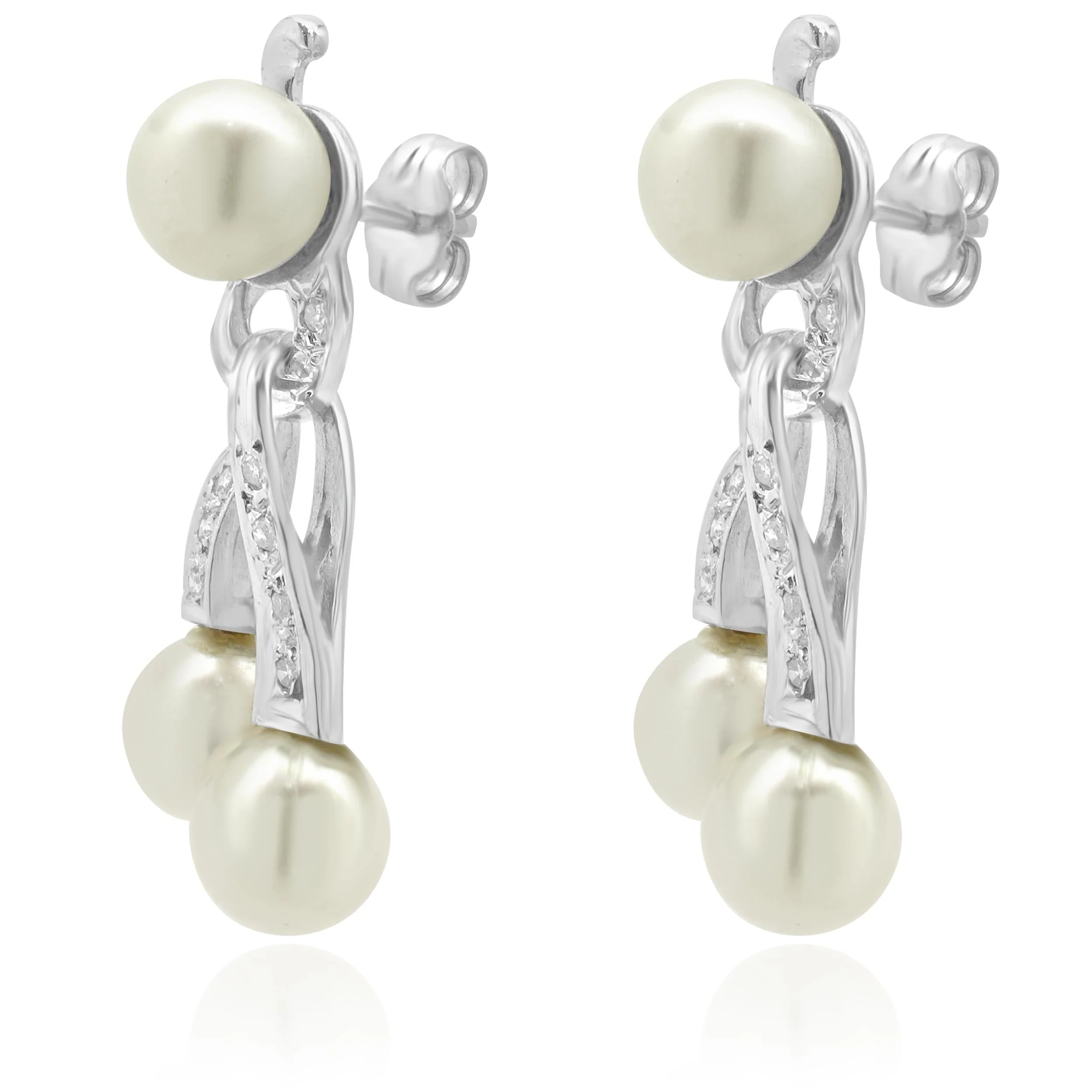 14 Karat White Gold Pearl and Diamond Dangle Earrings - Image 2