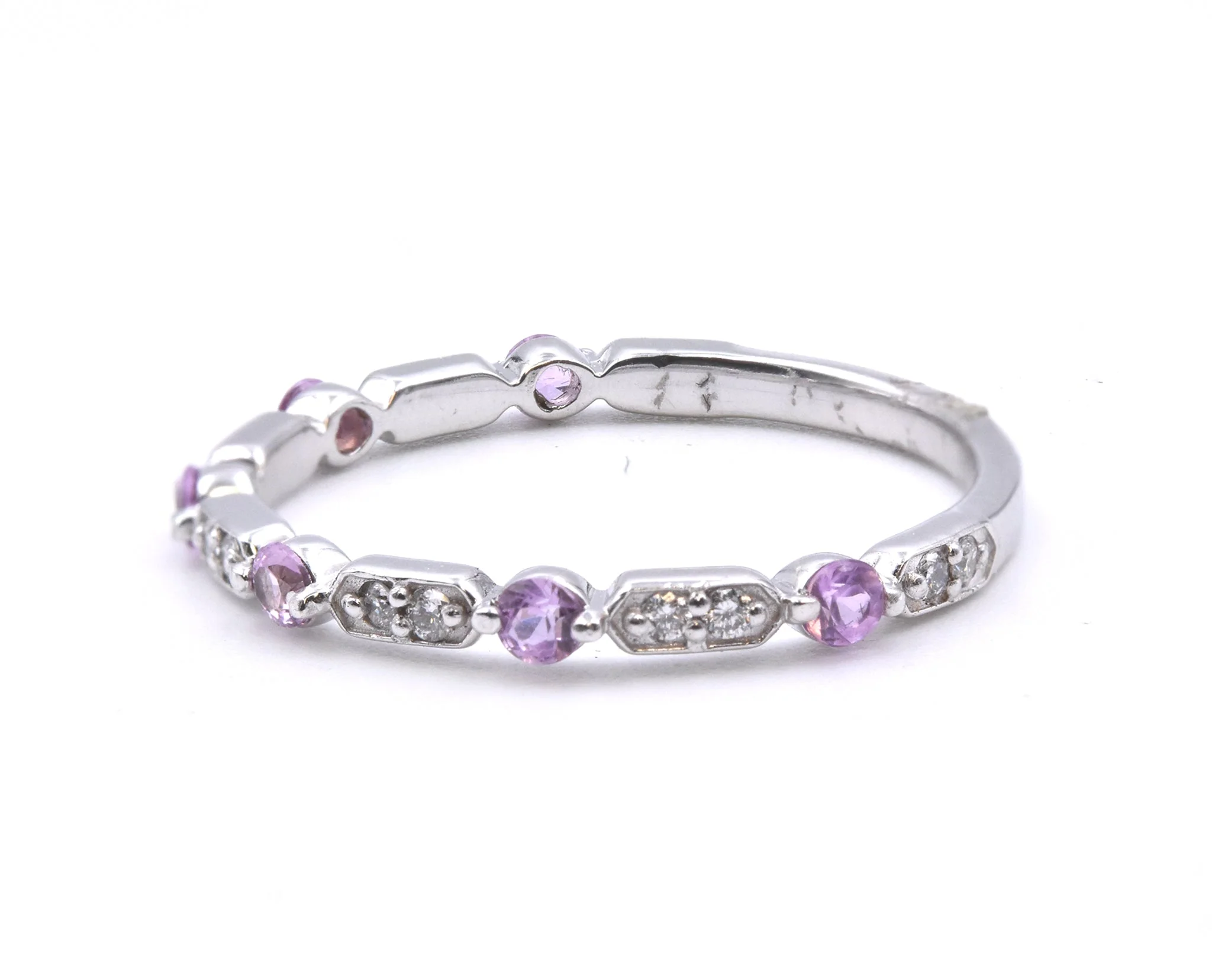 14 Karat White Gold Pink Sapphire and Diamond Band - Image 3