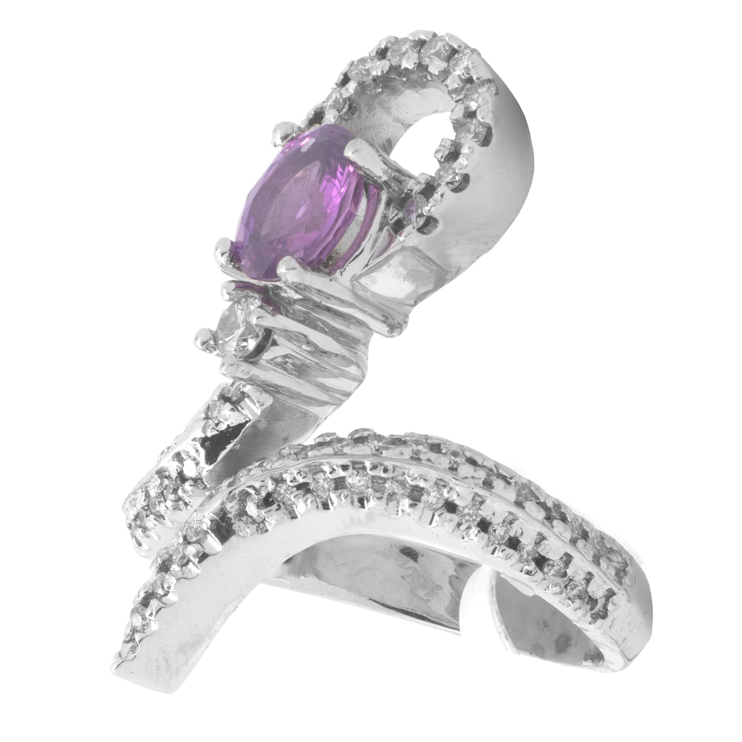 14 Karat White Gold Pink Sapphire and Diamond Snake Ring - Image 2