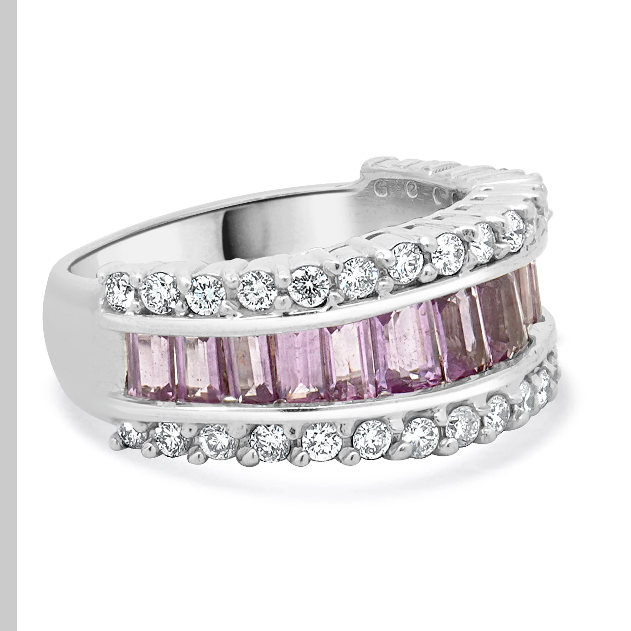14 Karat White Gold Pink Sapphire & Diamond Three Row Ring - Image 4