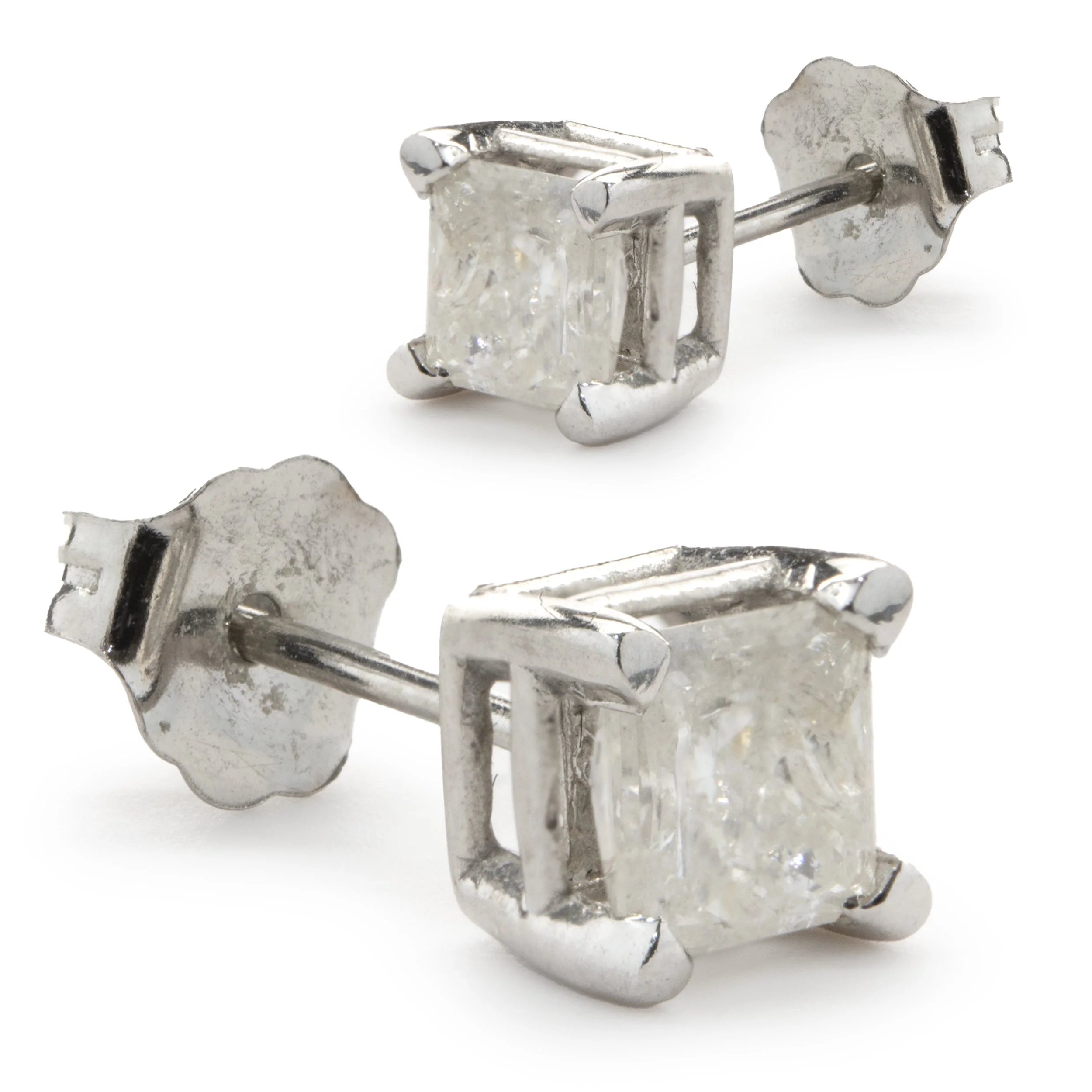 14 Karat White Gold Princess Cut Diamond Stud Earrings - Image 2