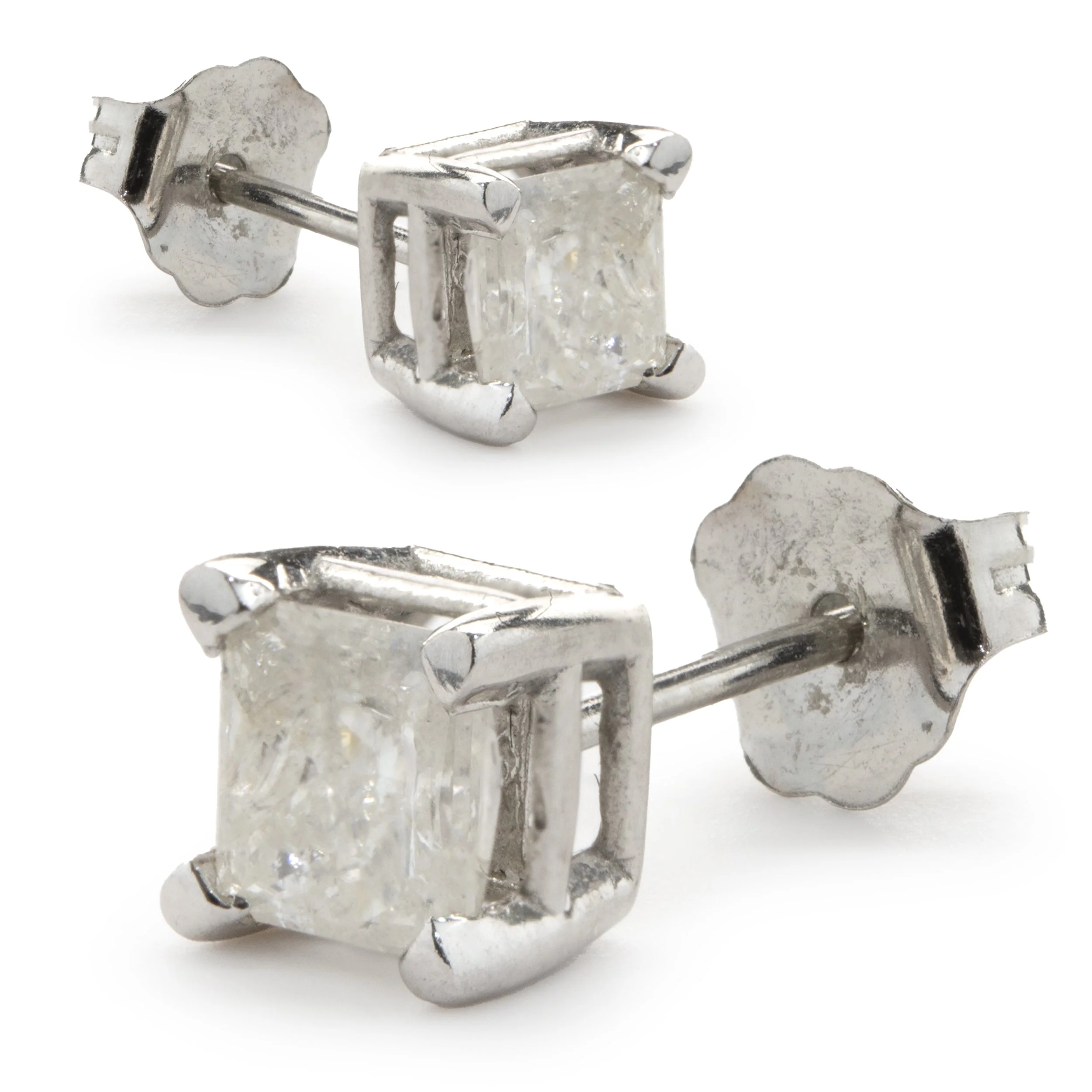 14 Karat White Gold Princess Cut Diamond Stud Earrings - Image 3