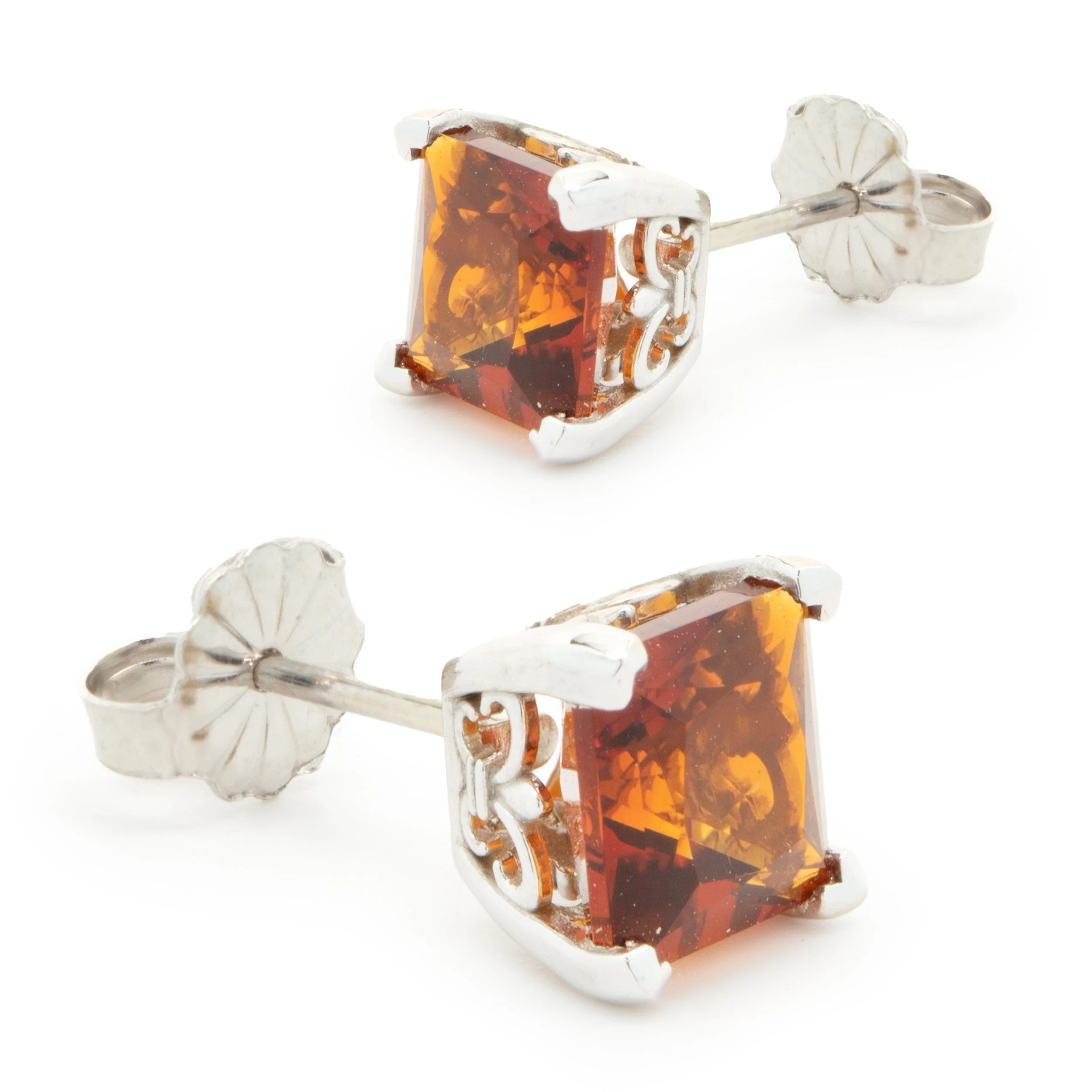 14 Karat White Gold Princess Cut Madiera Citrine Stud Earrings - Image 2
