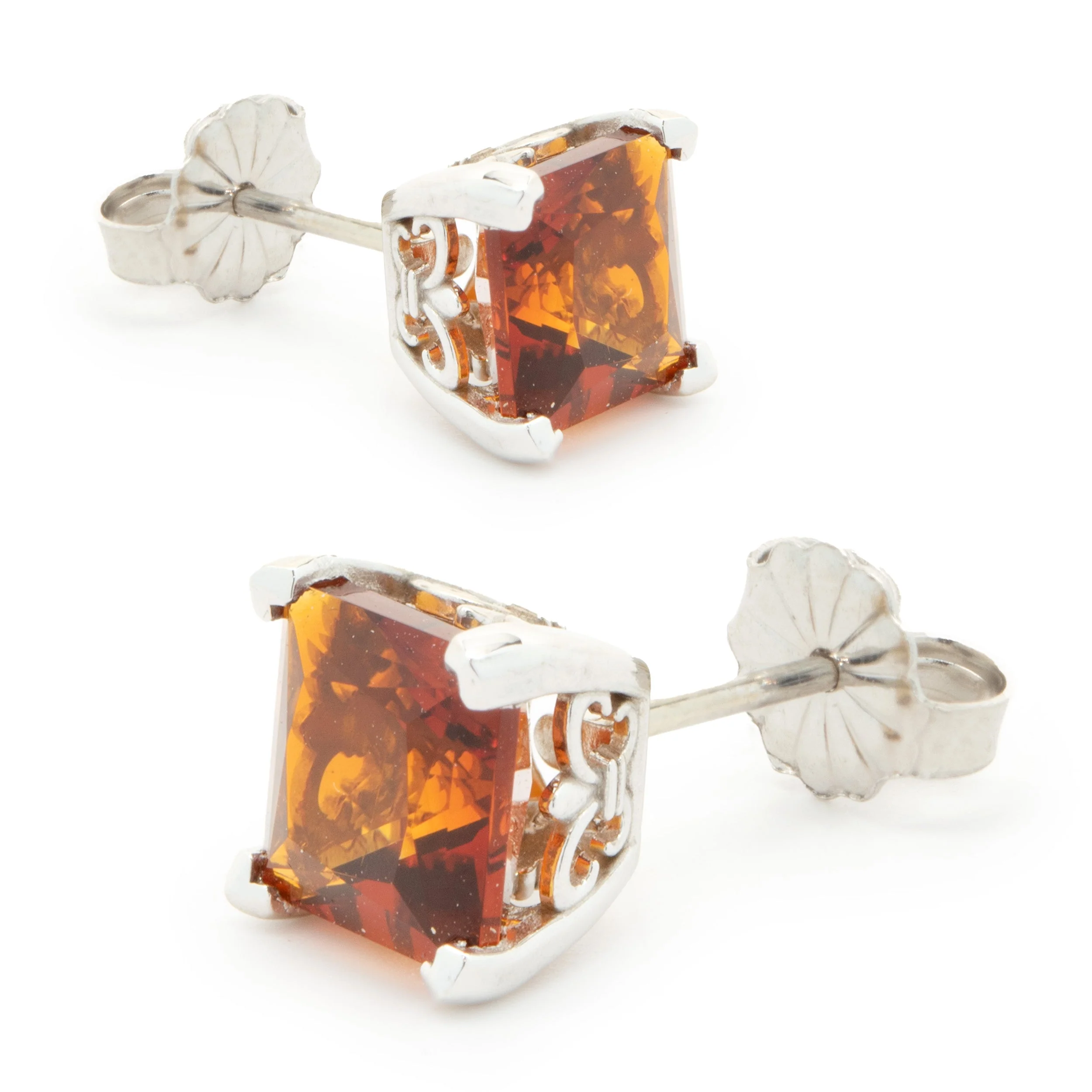 14 Karat White Gold Princess Cut Madiera Citrine Stud Earrings - Image 4