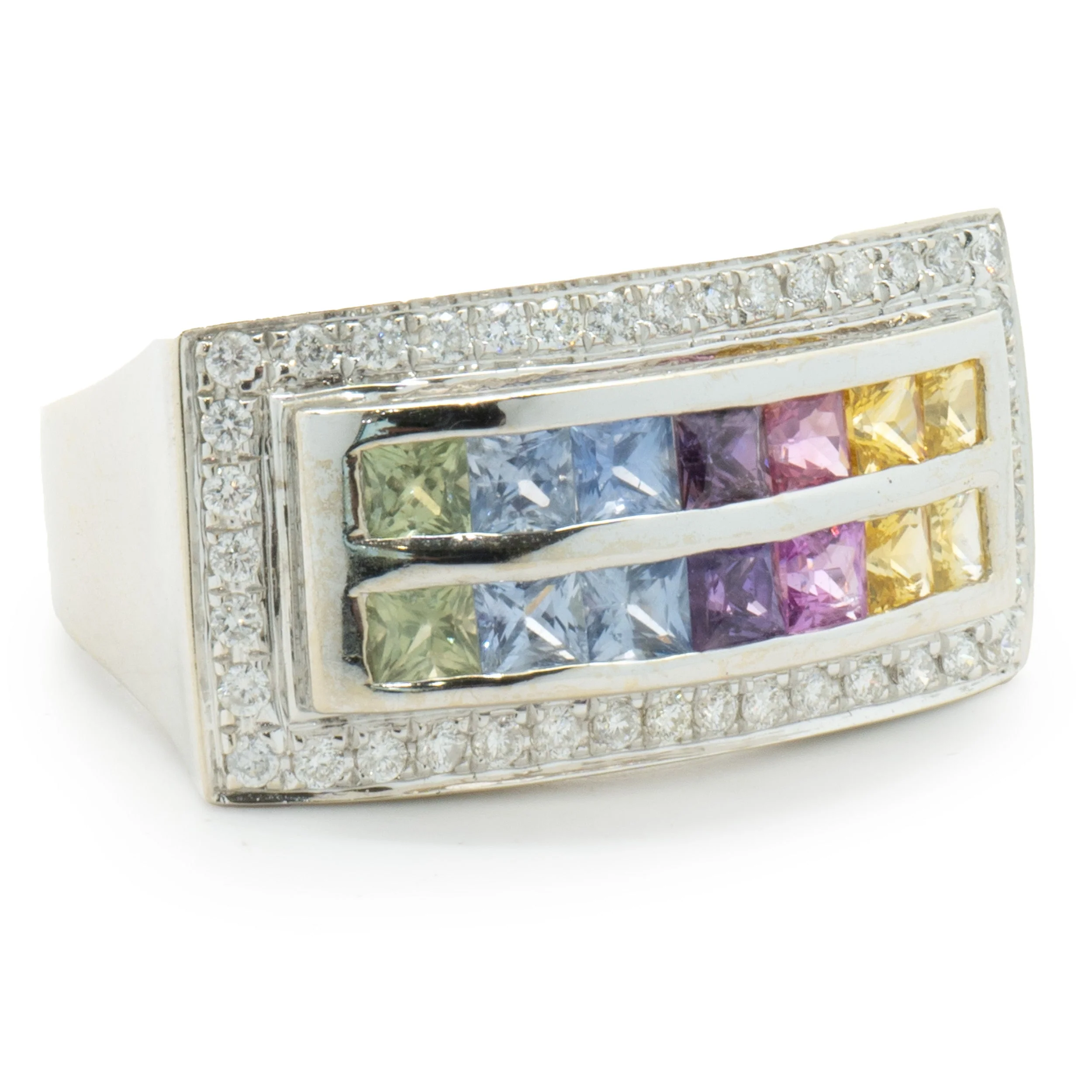 14 Karat White Gold Rainbow Sapphire and Diamond Double Row Ring - Image 2