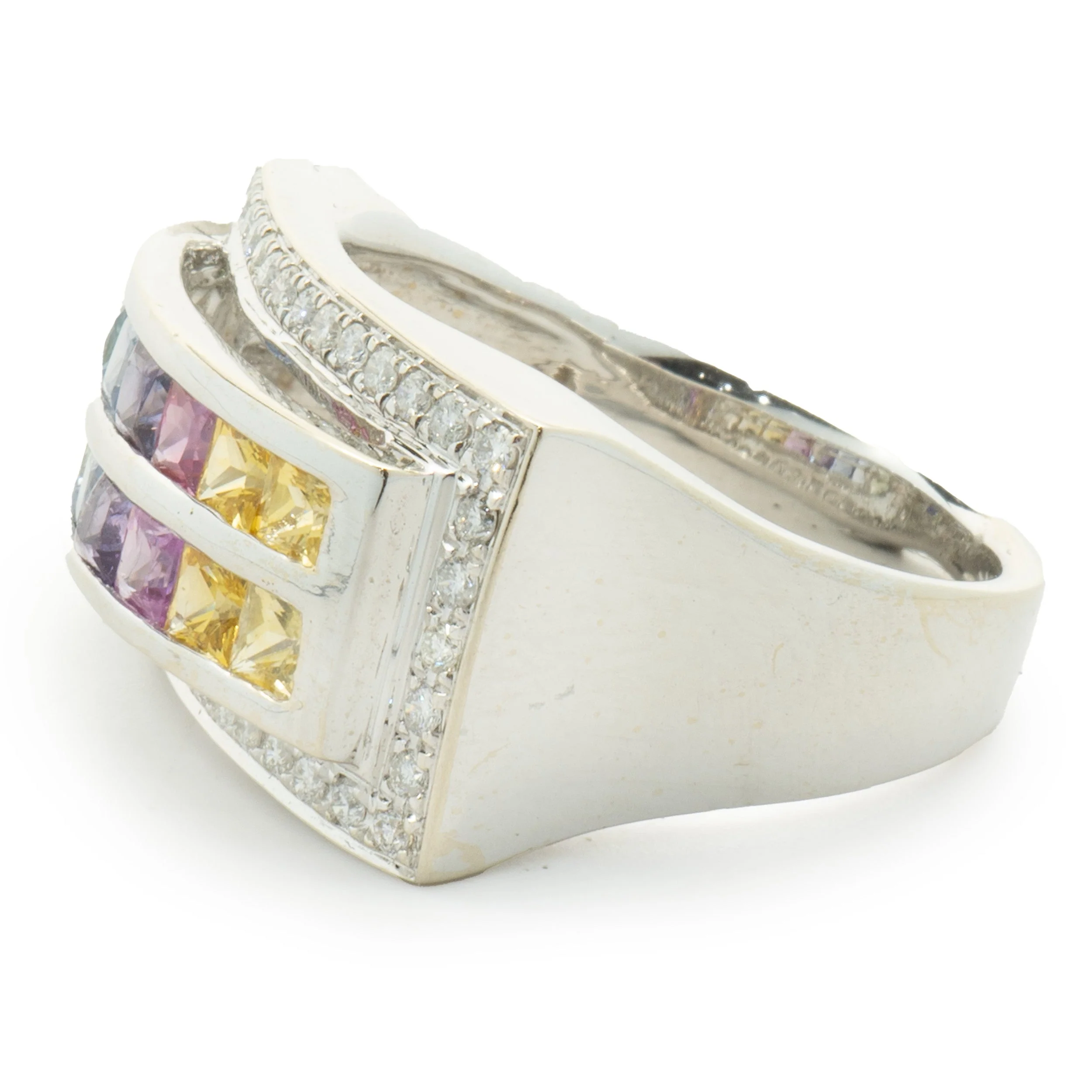 14 Karat White Gold Rainbow Sapphire and Diamond Double Row Ring - Image 3