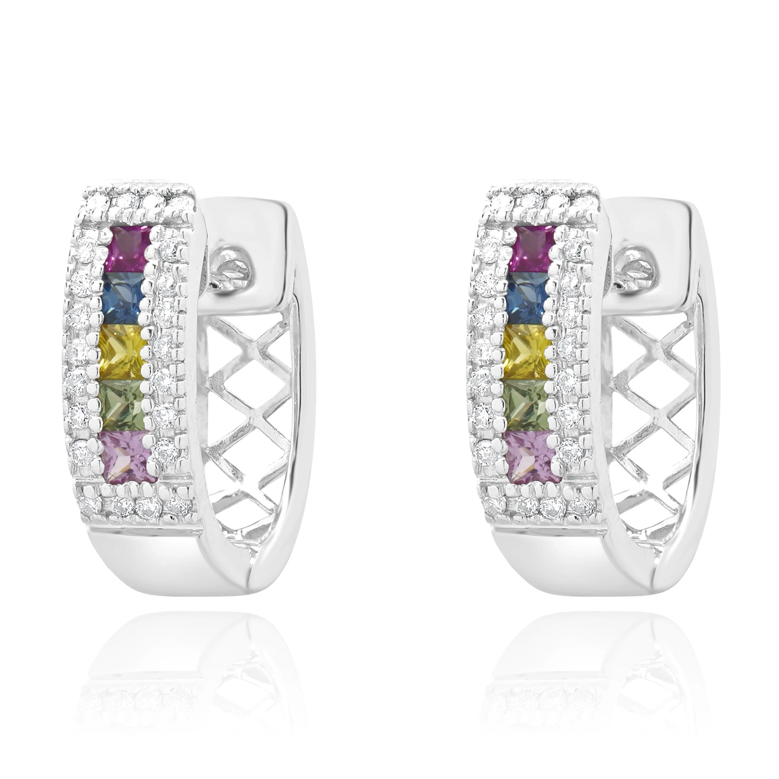 14 Karat White Gold Rainbow Sapphire and Diamond Huggie Hoop Earrings