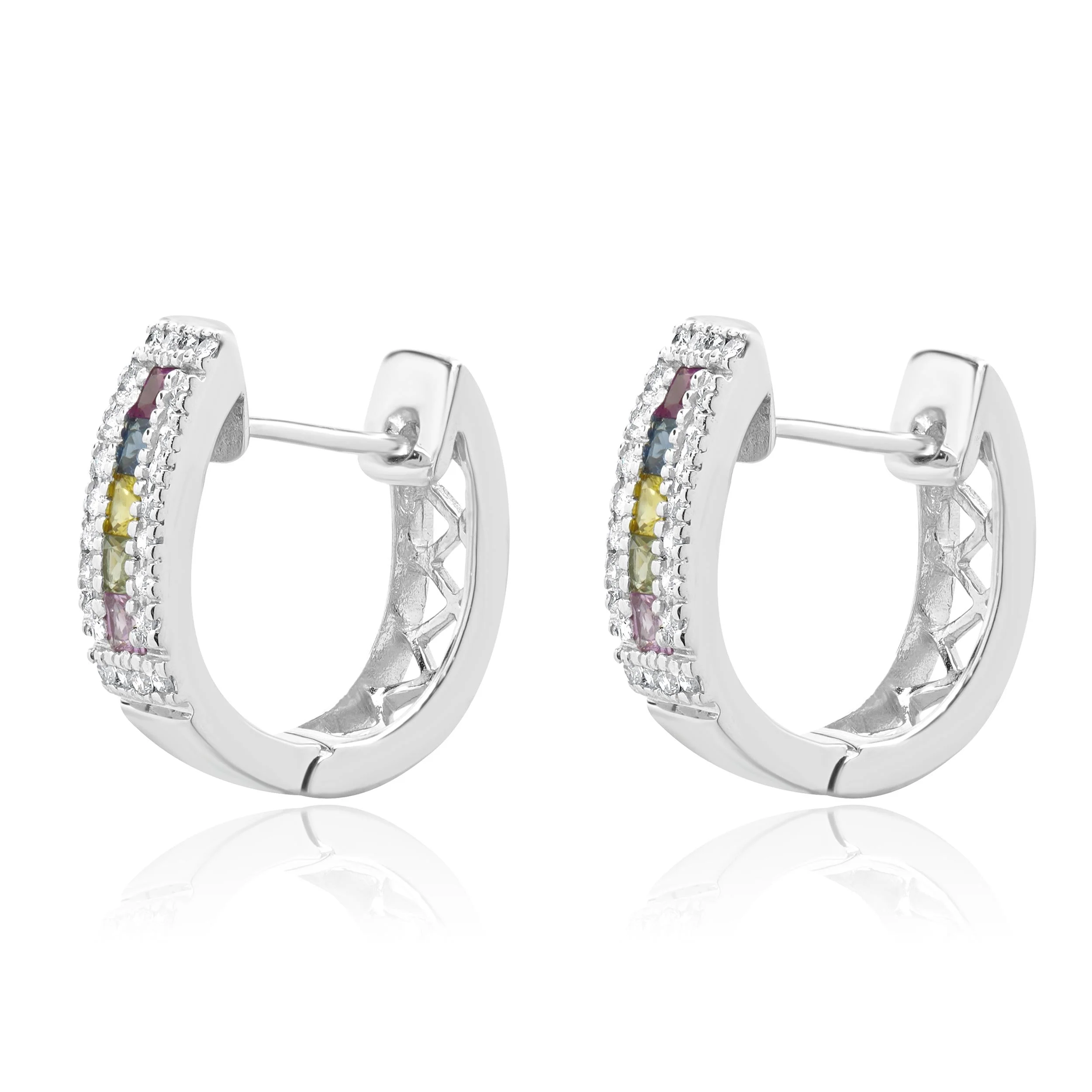 14 Karat White Gold Rainbow Sapphire and Diamond Huggie Hoop Earrings - Image 2