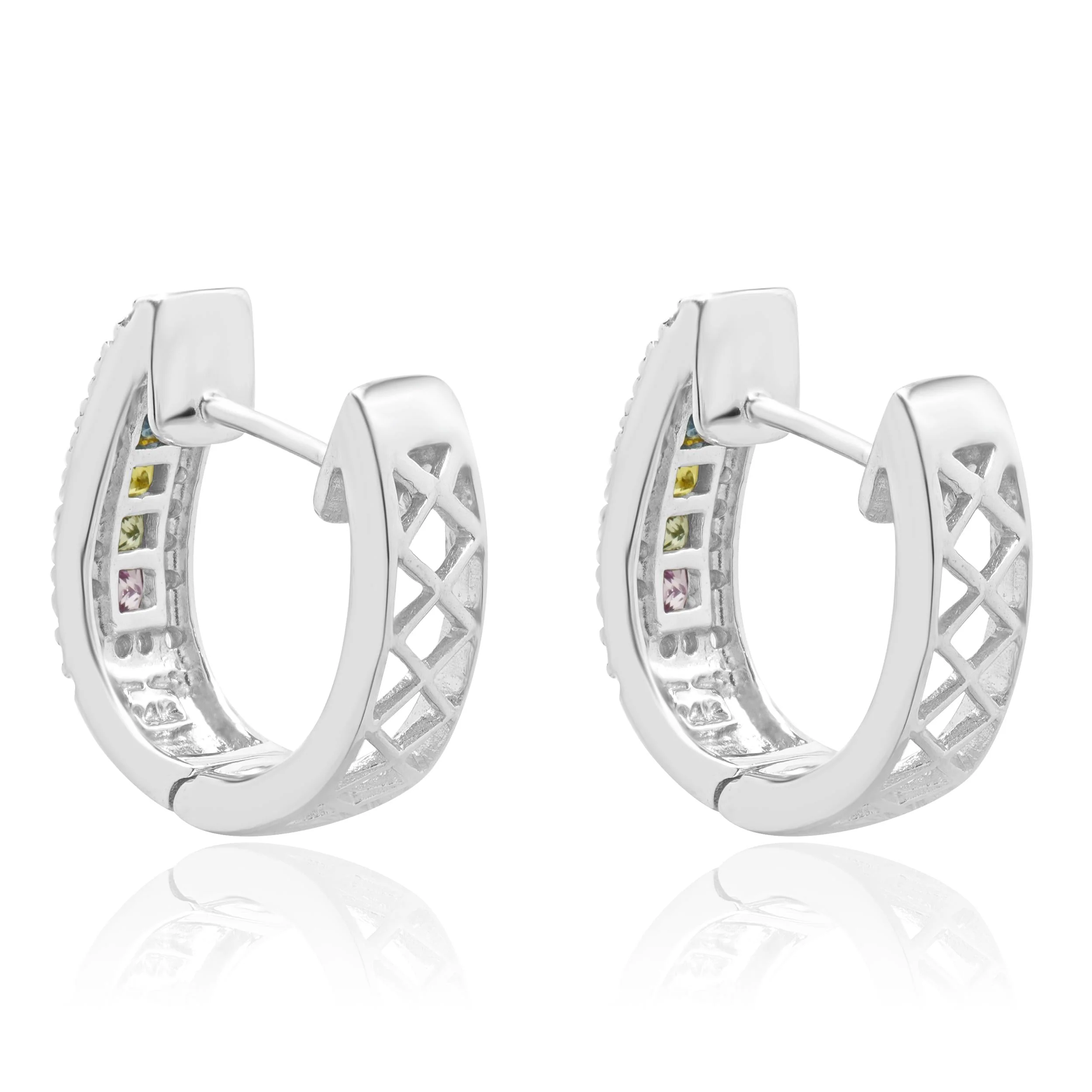 14 Karat White Gold Rainbow Sapphire and Diamond Huggie Hoop Earrings - Image 3