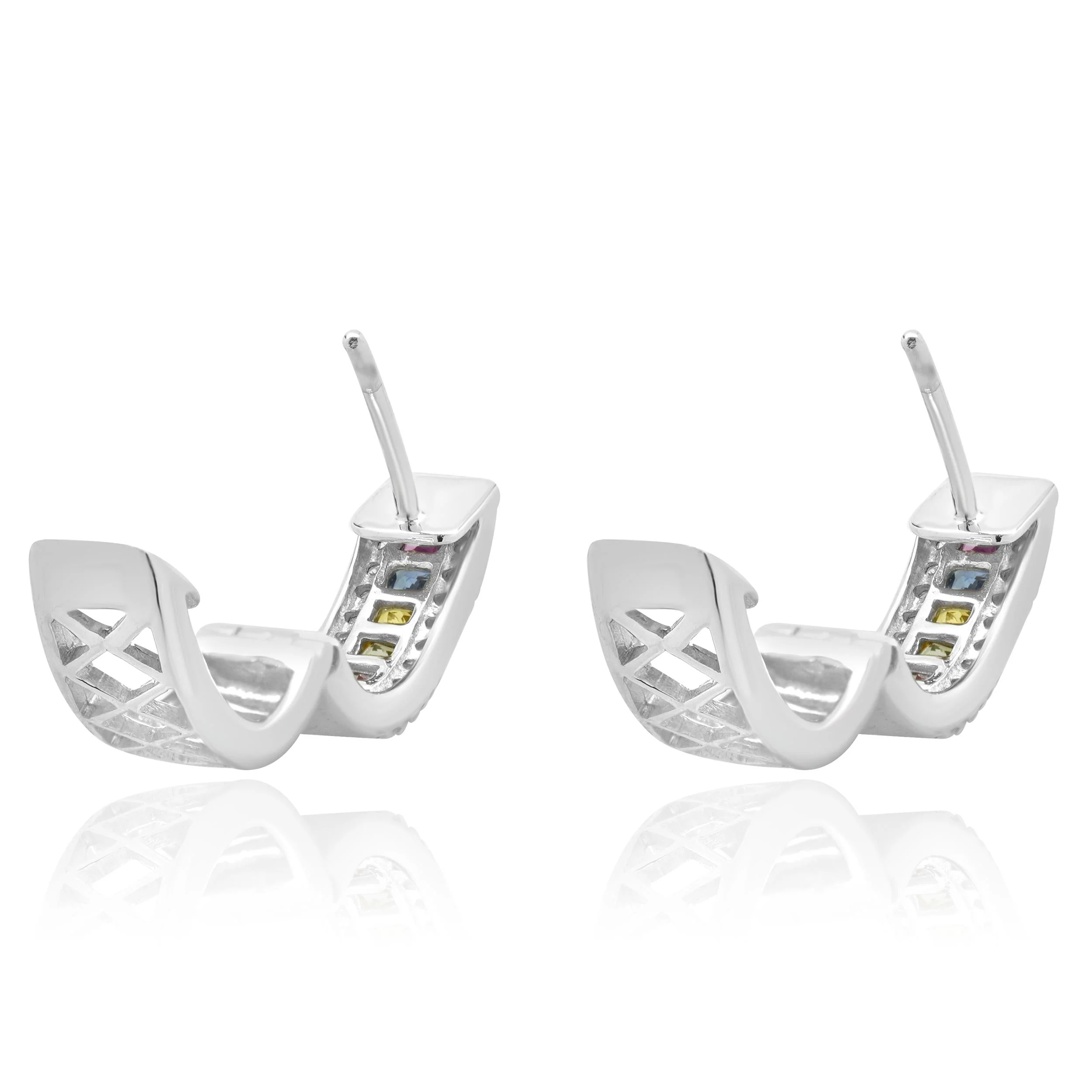 14 Karat White Gold Rainbow Sapphire and Diamond Huggie Hoop Earrings - Image 4