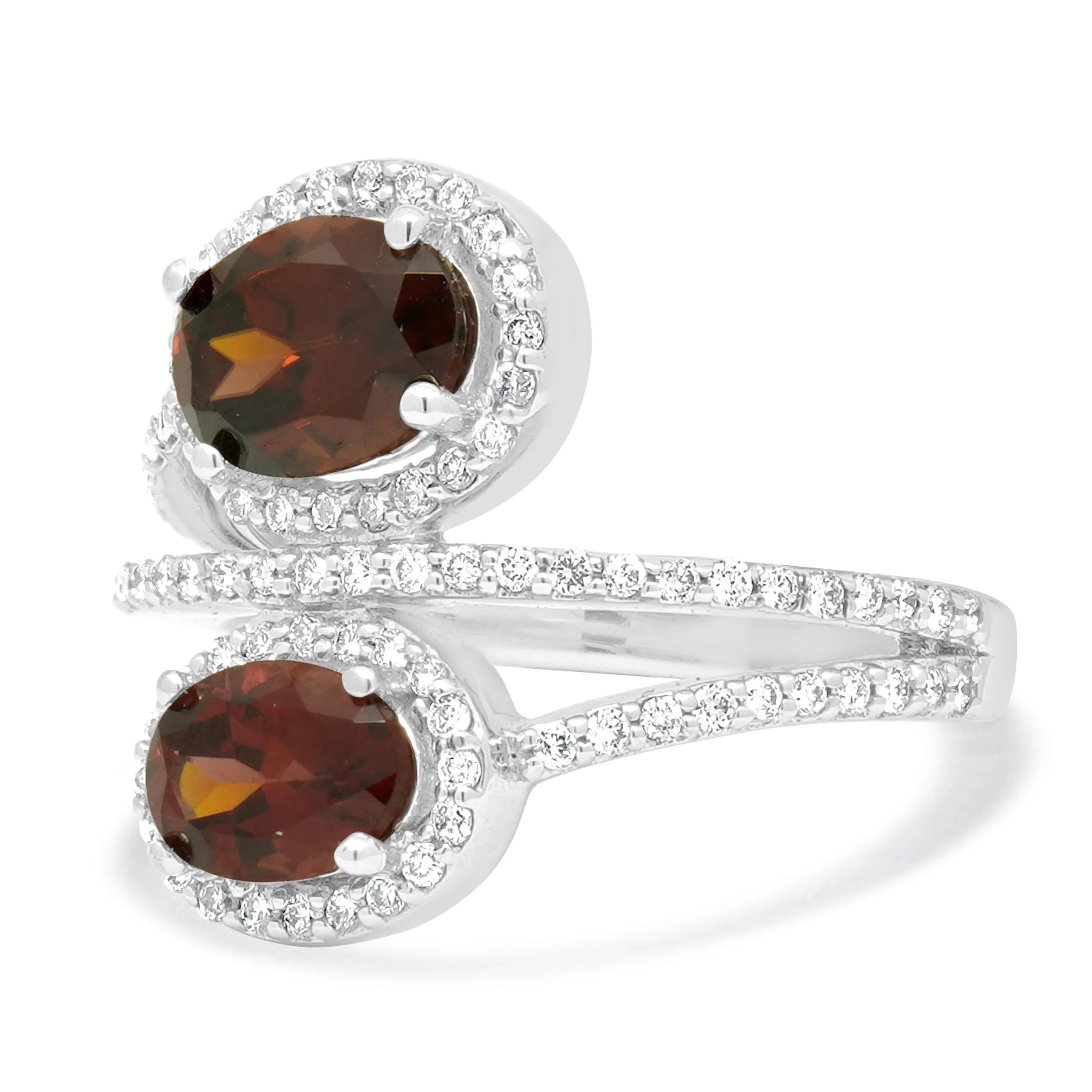 14 Karat White Gold Red Zircon and Diamond Bypass Ring - Image 2