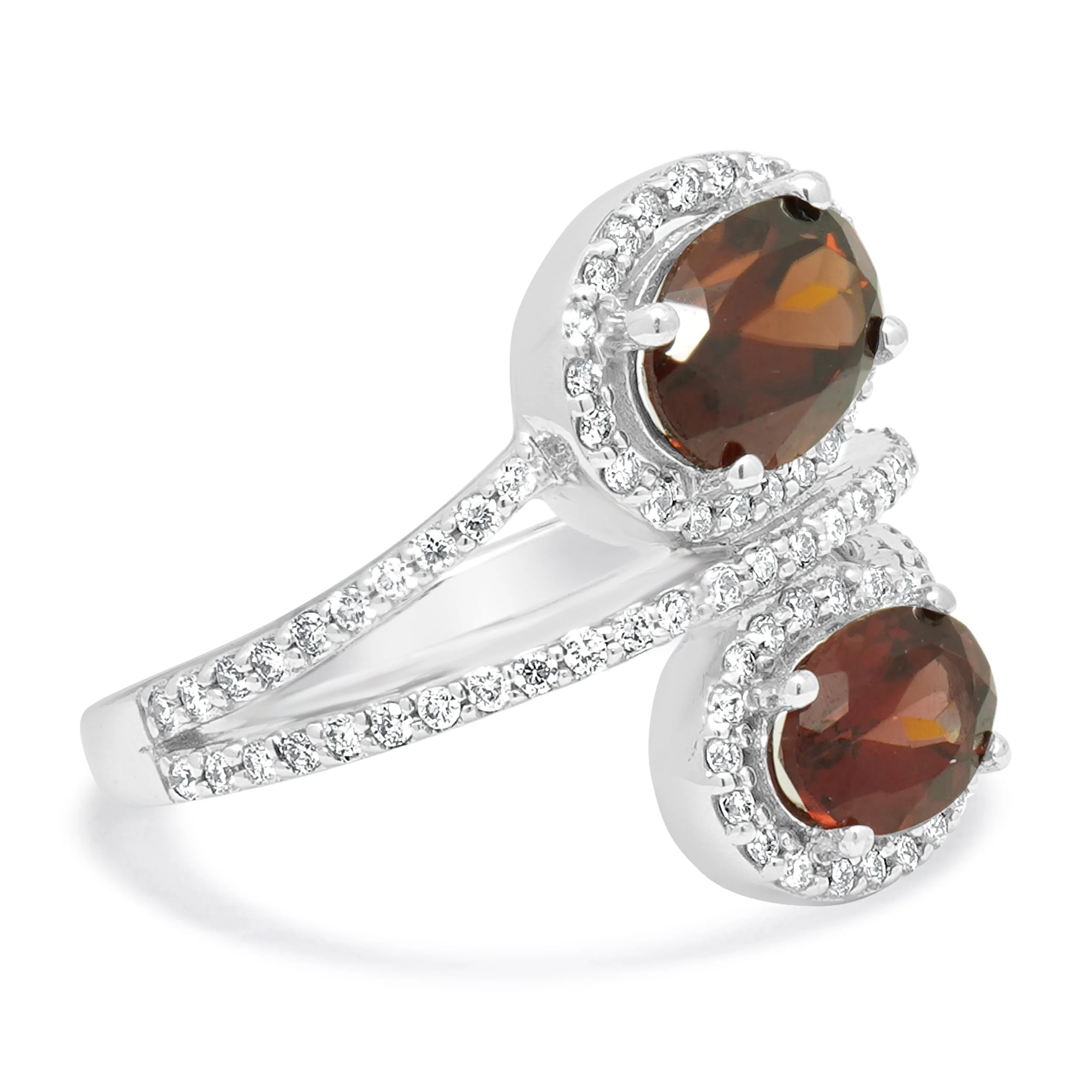 14 Karat White Gold Red Zircon and Diamond Bypass Ring - Image 3