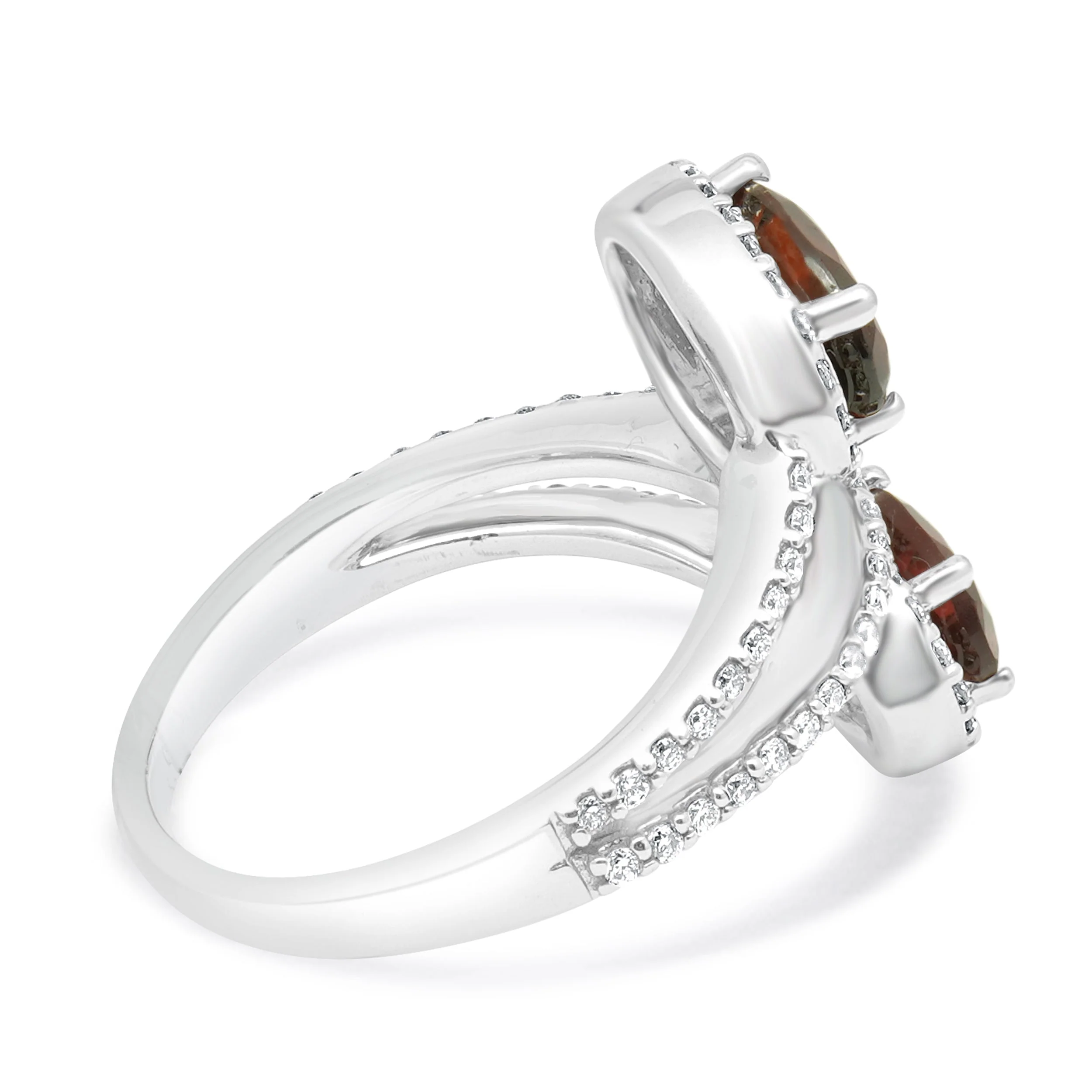 14 Karat White Gold Red Zircon and Diamond Bypass Ring - Image 4