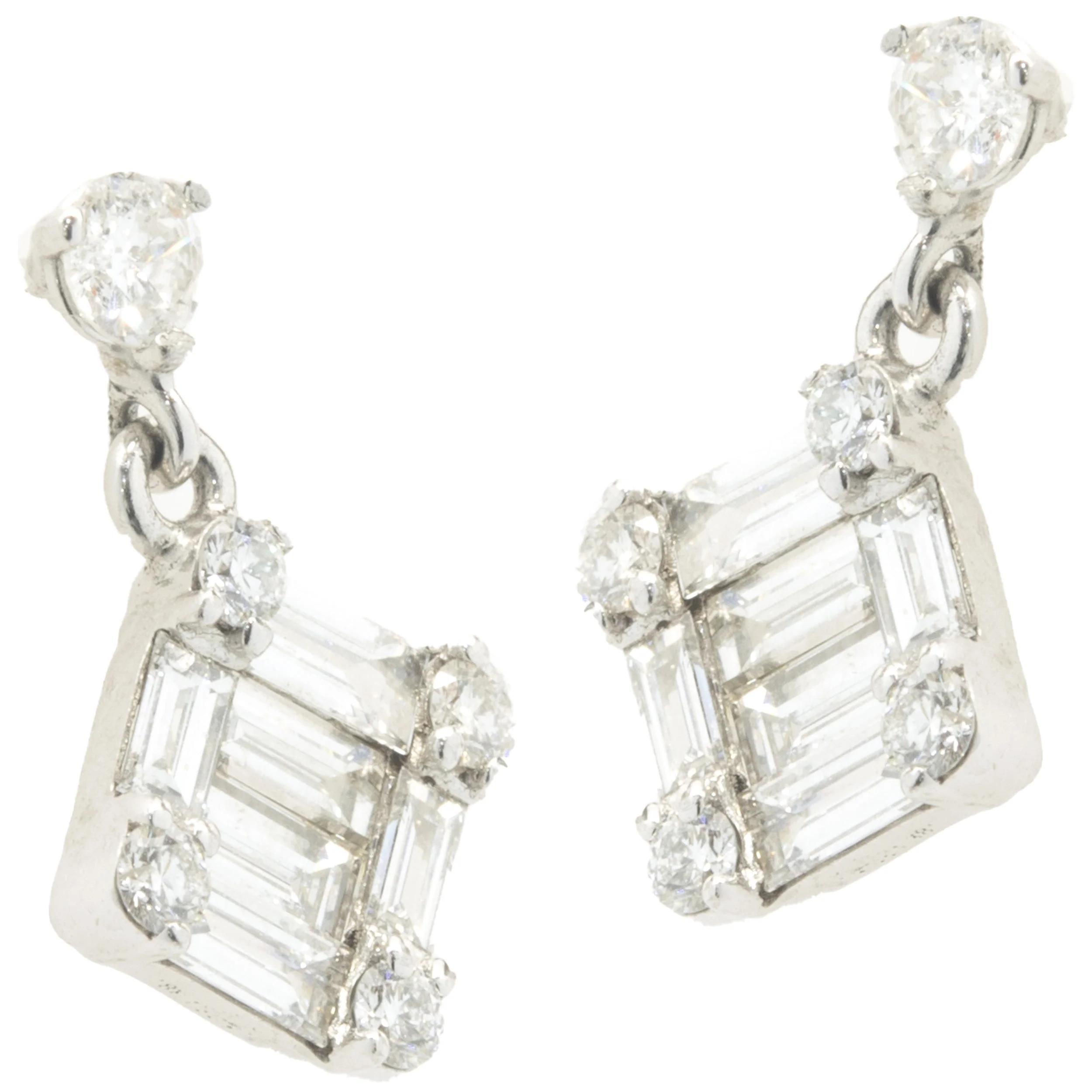 14 Karat White Gold Round and Baguette Cut Diamond Mosaic Set Drop Earrings - Image 4