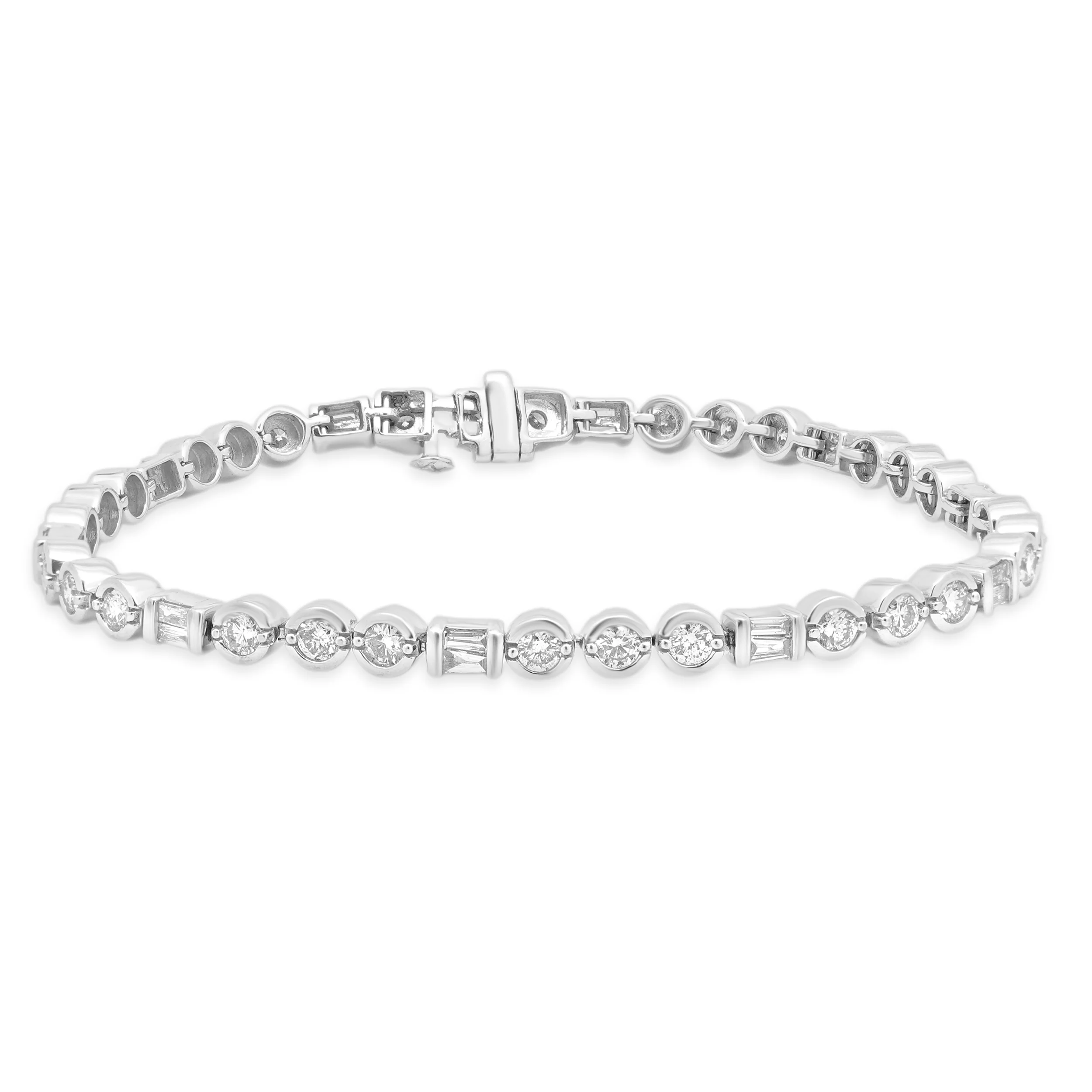 14 Karat White Gold Round and Baguette Diamond Bracelet