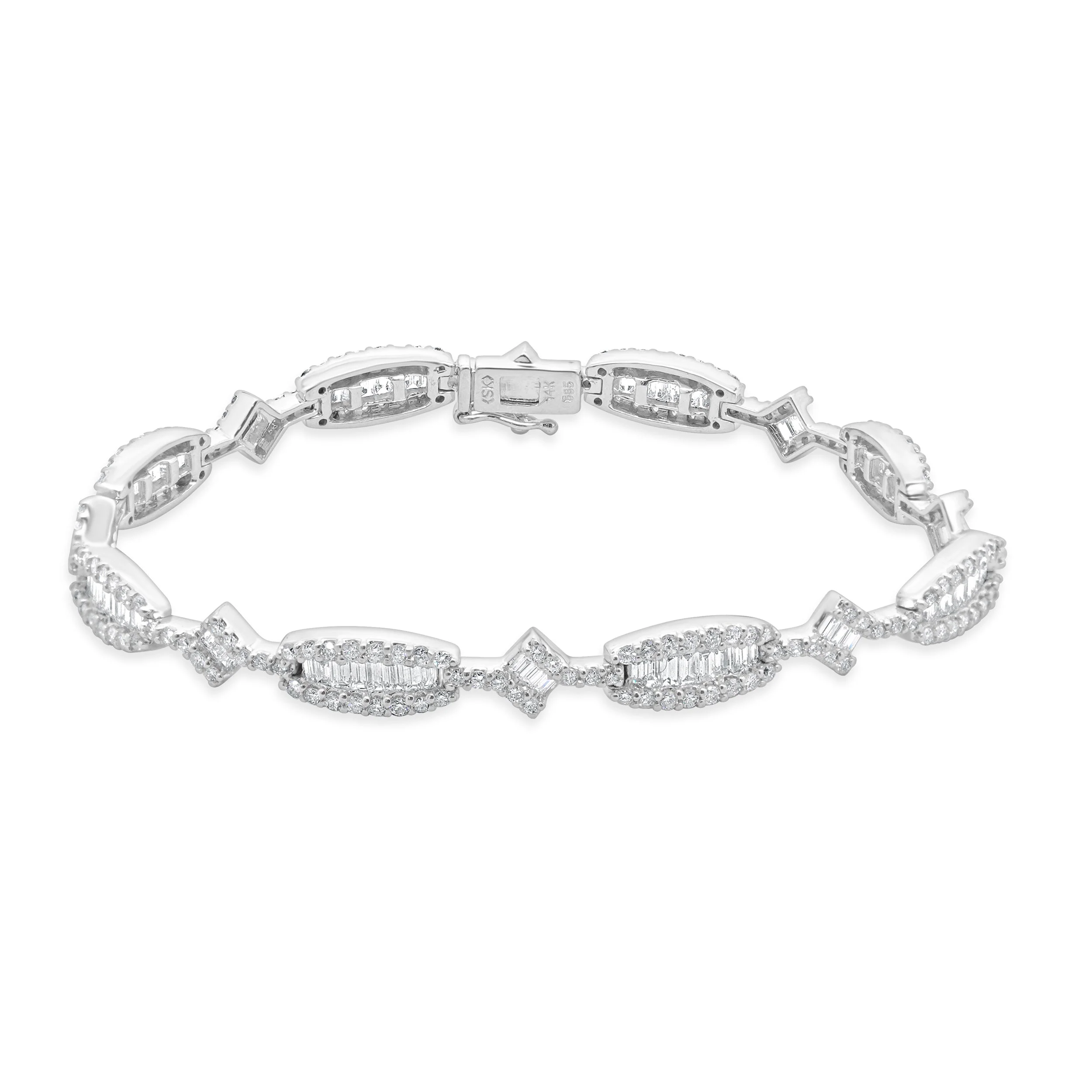 14 Karat White Gold Round and Baguette Inline Diamond Bracelet